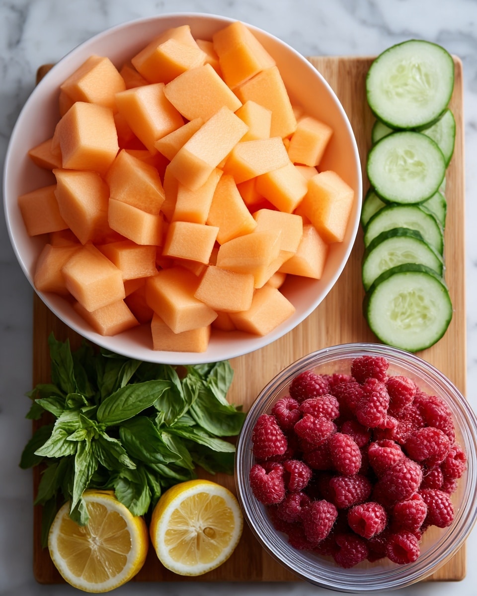 A large white bowl filled with many bright orange cantaloupe cubes, smooth and slightly shiny, taking up most of the image’s left side. To the right, a wooden cutting board holds thin, light green cucumber slices neatly stacked at the top, fresh dark green mint leaves and basil leaves arranged below them, and two halves of a bright yellow lemon with visible seeds and juicy texture. At the bottom right corner, a clear plastic container is filled with fresh, plump red raspberries showing fine texture and dimples. The whole scene rests on a white marbled surface. Photo taken with an iphone --ar 4:5 --v 7