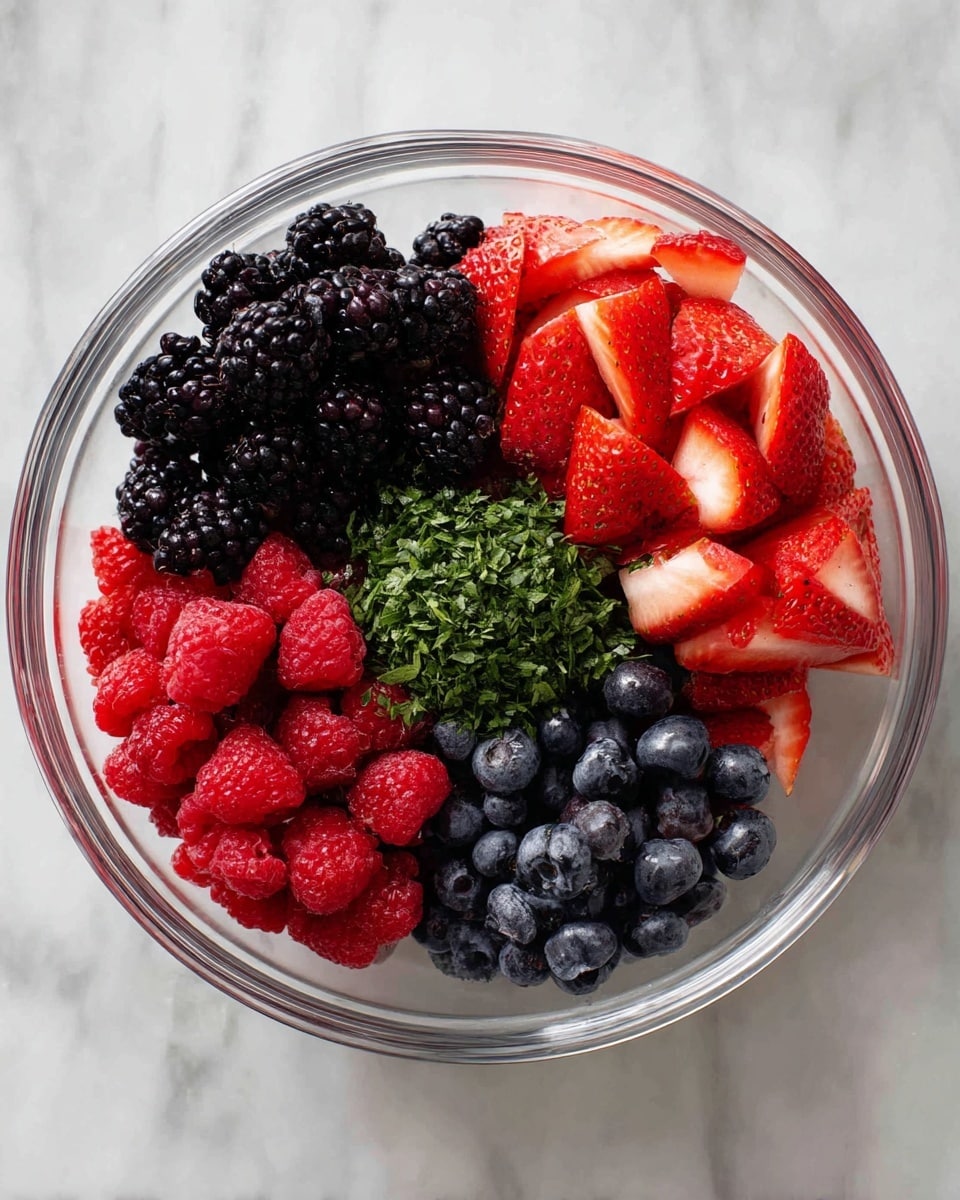 A clear glass bowl is filled with five sections of fresh fruit and herbs arranged side by side. The top left has a pile of blackberries with a dark purple color and bumpy texture. Next to it on the right are sliced strawberries, bright red with white inner parts and visible seeds. The bottom left section holds red raspberries with their soft, rounded, fuzzy texture. Below the strawberries to the right are small round blueberries with a deep blue color and slightly matte finish. In the center of all the fruit is a small mound of finely chopped green herbs with a fresh, leafy look. The bowl sits on a white marbled surface. photo taken with an iphone --ar 4:5 --v 7