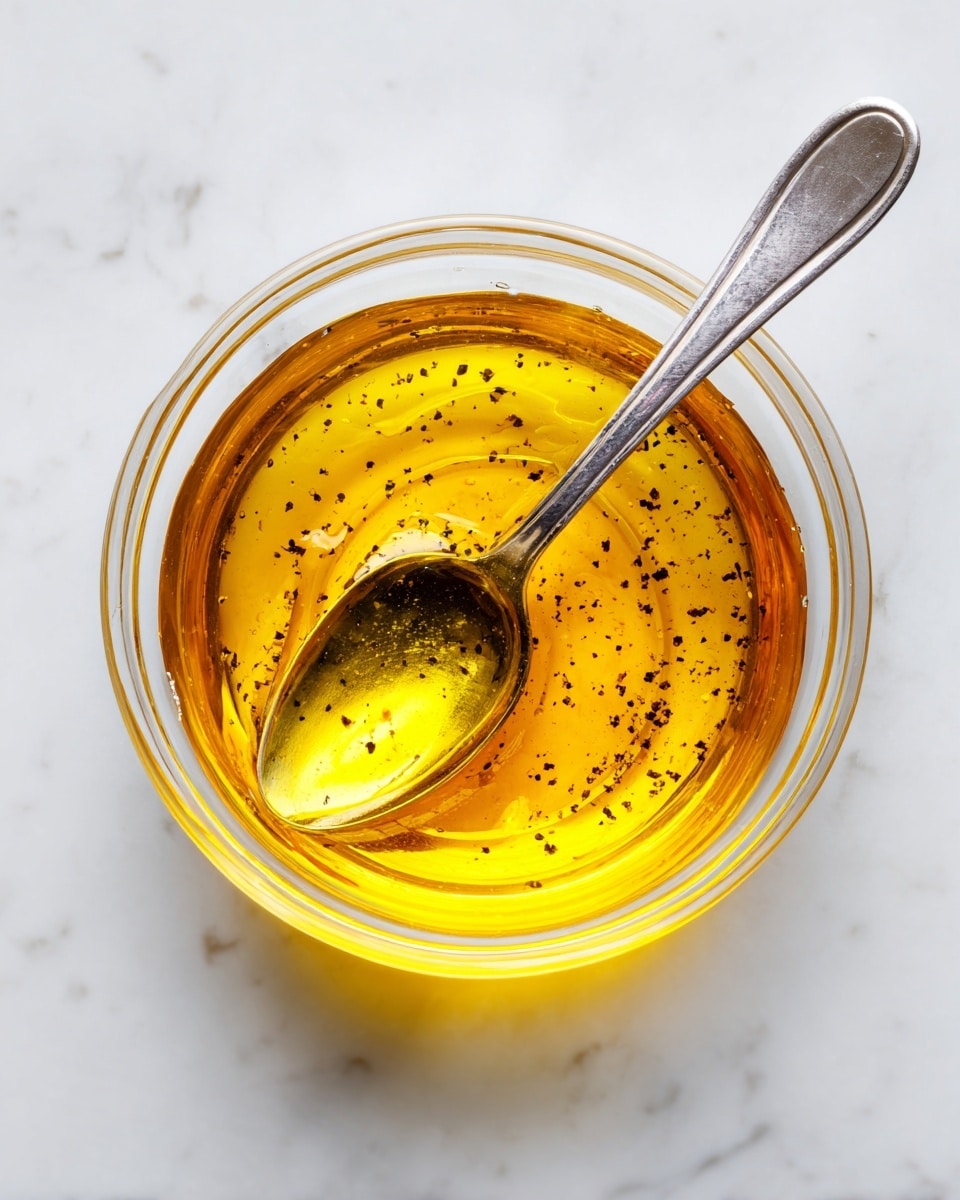 A clear glass bowl is filled with a shiny, golden-yellow liquid that has small black specks floating and settled at the bottom. Inside the bowl, a silver spoon with a long handle rests with its bowl part immersed in the liquid, slightly reflecting the light. The bowl is placed on a white marbled surface, creating a clean and bright contrast with the golden liquid. The photo is taken from above, giving a direct top view of the bowl and spoon photo taken with an iphone --ar 4:5 --v 7
