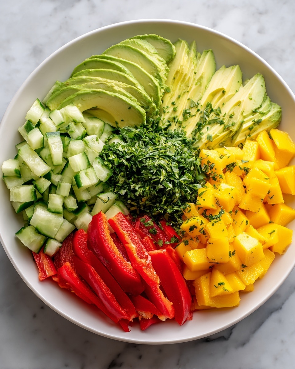 A close-up view of a white bowl filled with a colorful salad showing long, thin slices of bright yellow mango, light green cucumber strips, and thin red bell pepper pieces mixed together. Fresh, chopped green herbs are sprinkled evenly over the top. A woman's hand is holding a clear glass jar tilted down, pouring a thick yellow dressing over the salad, with the dressing visibly flowing onto the fruit and vegetables. The background is a white marbled surface. photo taken with an iphone --ar 4:5 --v 7