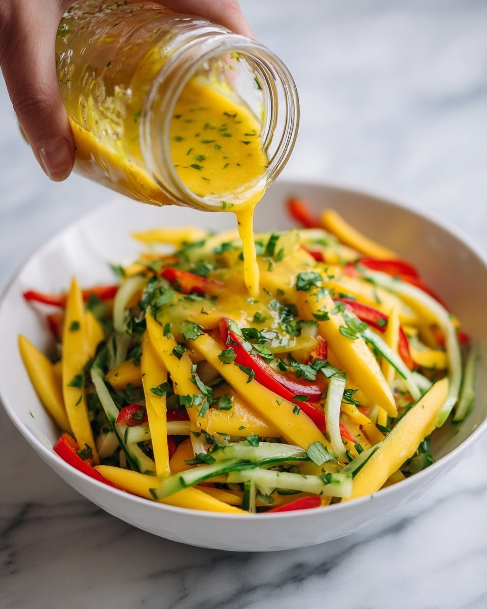 A white bowl filled with five layers of sliced fresh ingredients arranged in separate sections: three pale green avocado slices with smooth texture on the top right, bright yellow mango slices with a juicy look to the right, chopped dark green herbs piled in the center, crisp light green cucumber sticks at the bottom left, and vibrant red bell pepper sticks on the top left; all placed on a white marbled surface photo taken with an iphone --ar 4:5 --v 7