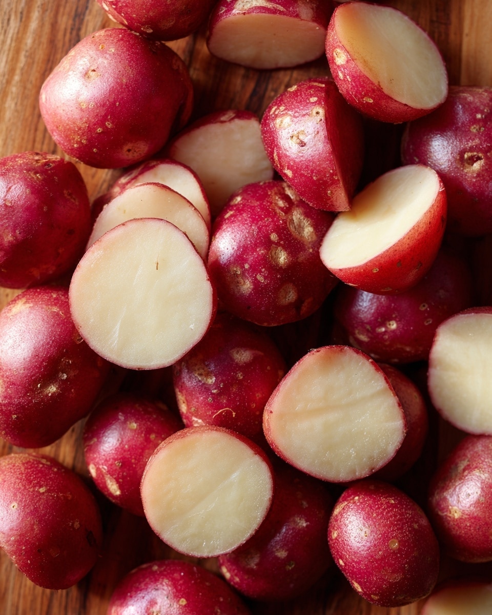 This image shows many small red potatoes cut into halves, scattered on a wooden surface. The potatoes have smooth reddish skin with some small spots and creamy white flesh inside. The pieces are arranged close together, showing the contrast between the red skin and light inside. The background has a warm, natural wood texture. photo taken with an iphone --ar 4:5 --v 7