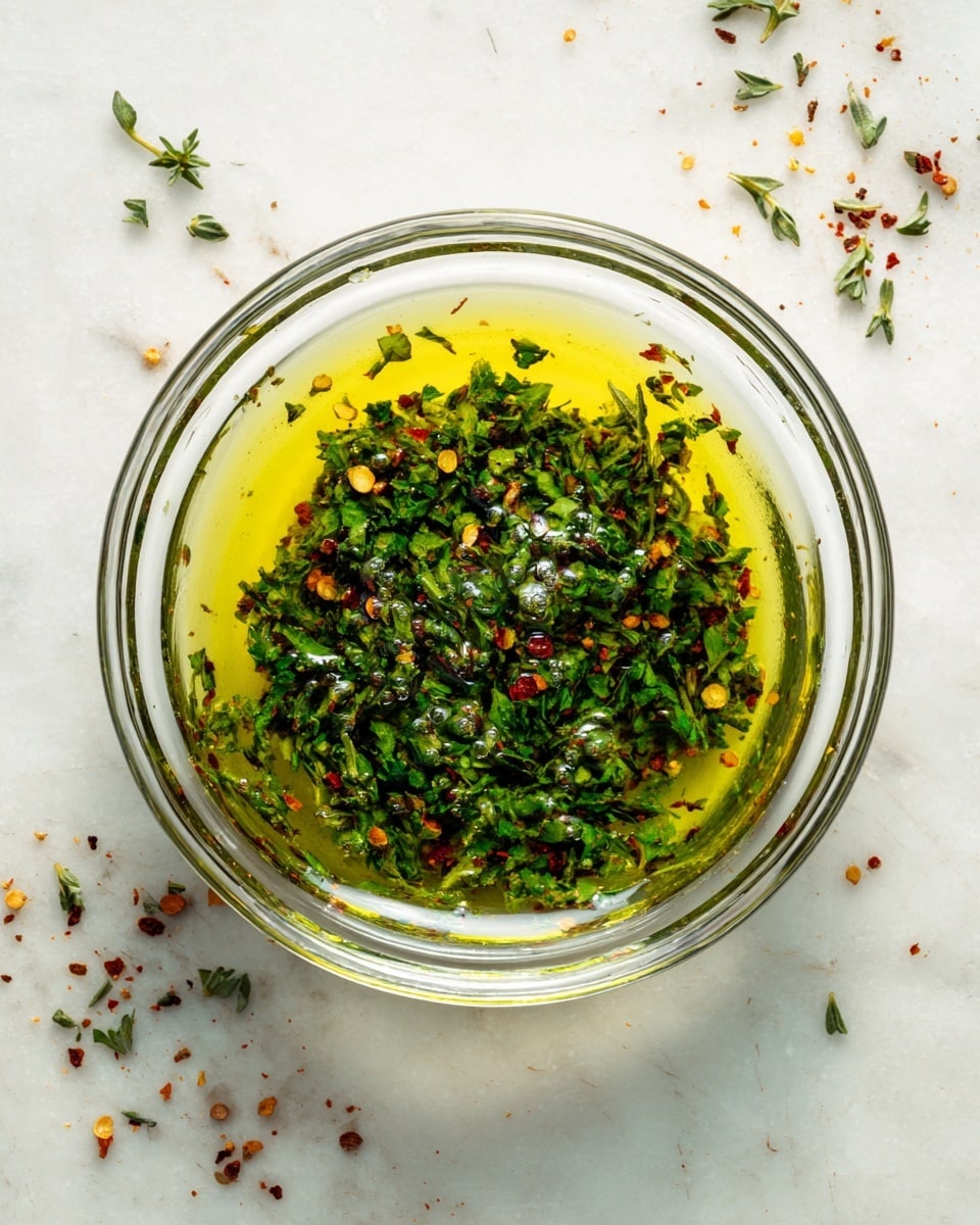 A clear glass bowl filled with a small amount of green sauce sitting in the middle. The sauce has a mix of finely chopped dark green herbs and tiny bits of red and yellow spices, floating in a shiny light green oily liquid. Small bits of herbs and spices are scattered around the edges inside the bowl. The bowl rests on a white marbled surface. Photo taken with an iphone --ar 4:5 --v 7