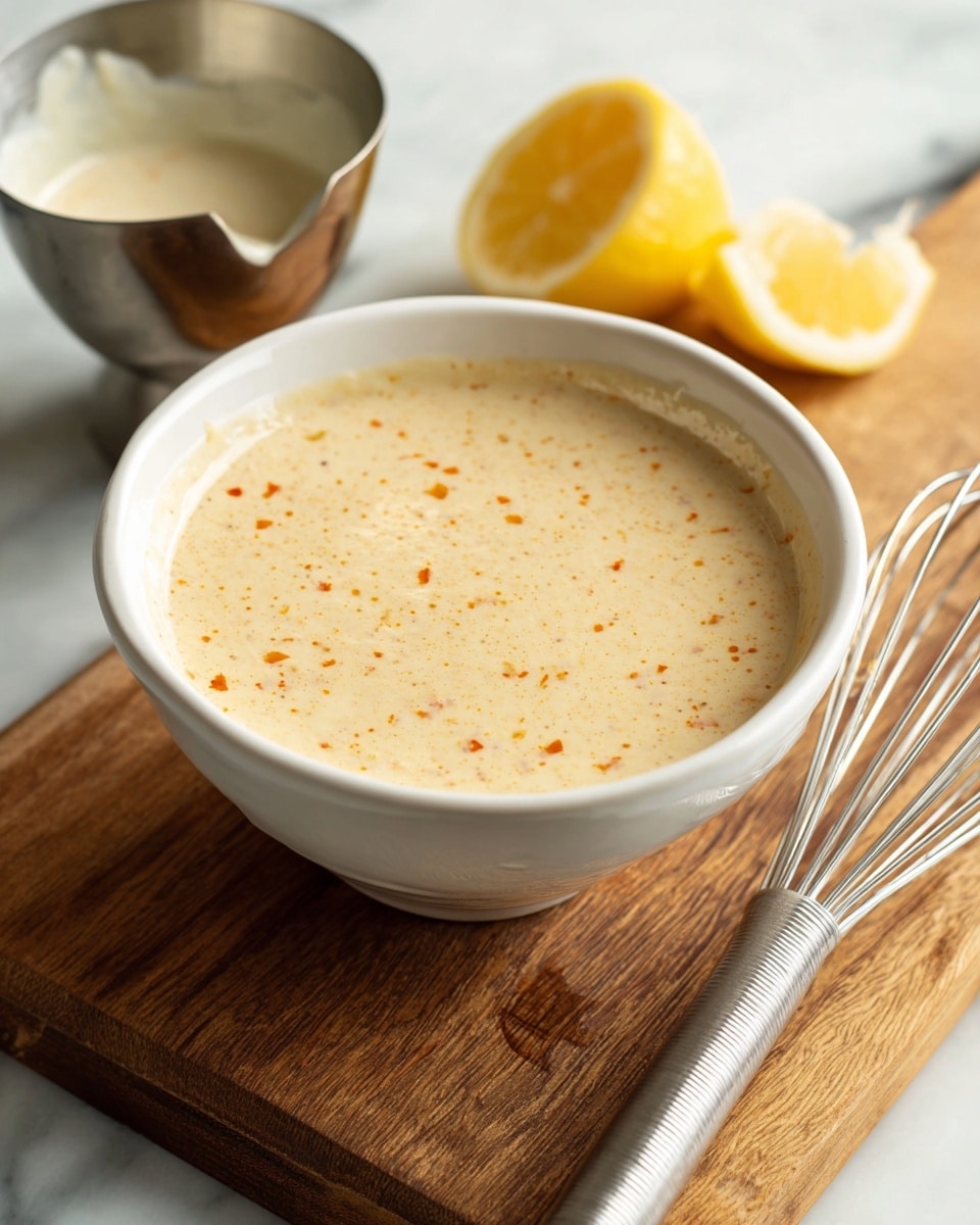 A white bowl filled with a creamy light beige sauce that has small orange flecks and a slightly smooth texture inside, placed on a wooden cutting board. To the right of the bowl is a metal whisk with a simple handle resting on the cutting board, and next to it is a partially squeezed yellow lemon. In the upper left corner, there is a metal measuring cup with white creamy substance slightly overflowing. The surface underneath the cutting board is a white marbled texture. photo taken with an iphone --ar 4:5 --v 7