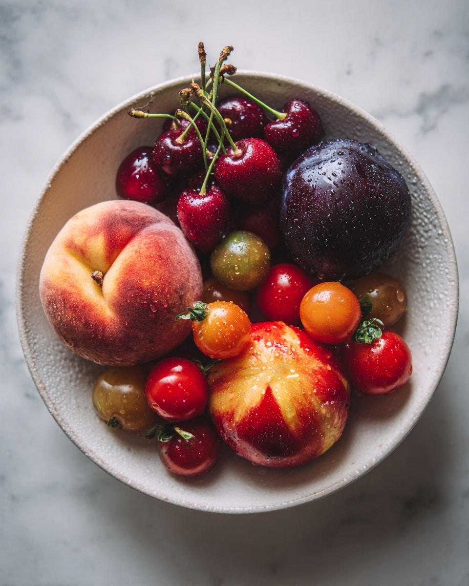 A white round bowl filled with two large peaches, one at the bottom left corner and one near the right side, surrounded by a mix of cherry tomatoes in red, yellow, and brownish-green colors scattered throughout the bowl. There is also a cluster of dark red cherries with stems on the upper left side and one big dark purple plum near the upper middle part. The fruits have water droplets on their surface, making them look fresh, all placed on a white marbled surface. photo taken with an iphone --ar 4:5 --v 7