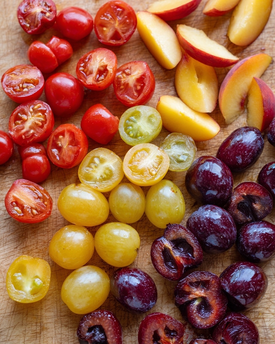 The image shows a mix of fresh fruit pieces spread across a wooden surface, now described as a white marbled texture. There are three types of fruit arranged in loose clusters: red cherry tomato halves with shiny skin and seeds visible inside, yellow grape halves that appear smooth and juicy, and dark red cherry halves with pits inside and glossy texture. There are also slices of peach with red skin and light orange flesh scattered among the cherries. The fruits are arranged in a colorful, natural pattern with no visible plate. Photo taken with an iphone --ar 4:5 --v 7