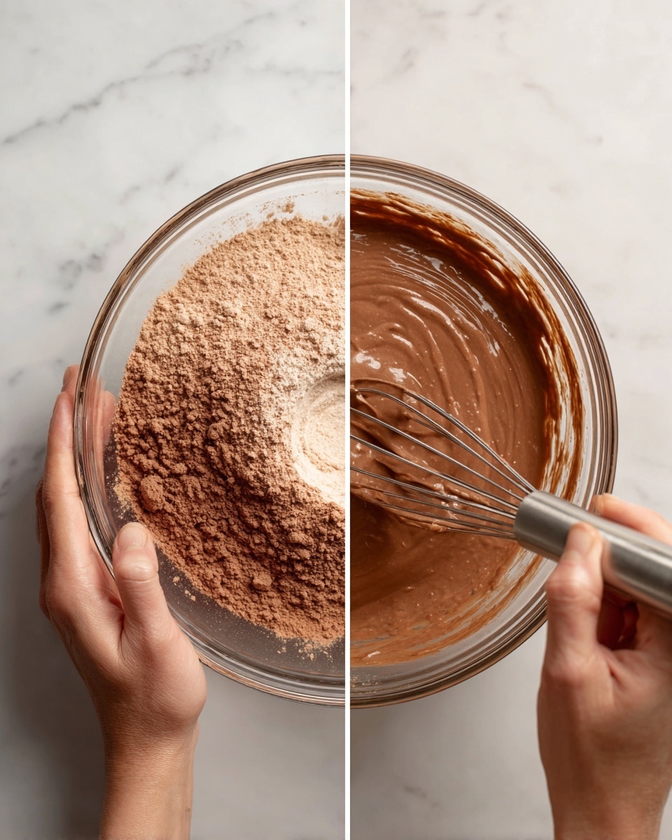 Two images side by side show a clear glass bowl on a white marbled surface. The left image has a woman's left hand holding the bowl and a woman's right hand whisking dry brown powder mix inside. The powder is piled with a small hollow center and a soft texture. The right image shows the same bowl with smooth, thick chocolate batter being whisked by a woman's right hand, while the left hand steadies the bowl. The batter is shiny and uniform in color. Photo taken with an iphone --ar 4:5 --v 7
