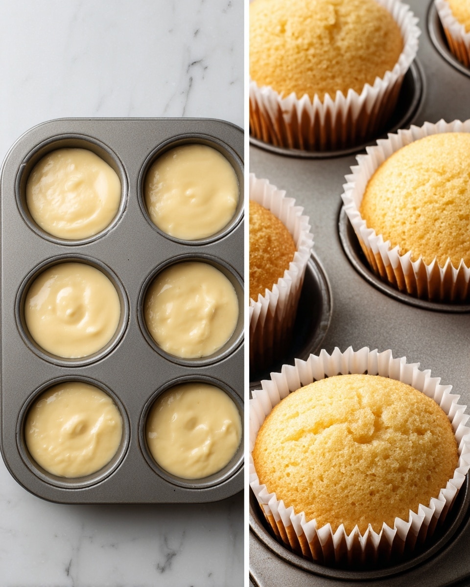 A two-part image shows cupcake batter and baked cupcakes in a muffin tin. On the left side, the tin holds twelve cupcake cups, each filled halfway with smooth, pale yellow batter that has a slightly shiny surface. On the right side, a close-up of four baked cupcakes in the muffin tin shows their risen and spongy light golden brown tops with small air holes, fitting snugly within white paper liners. The muffin tin rests on a white marbled surface. photo taken with an iphone --ar 4:5 --v 7