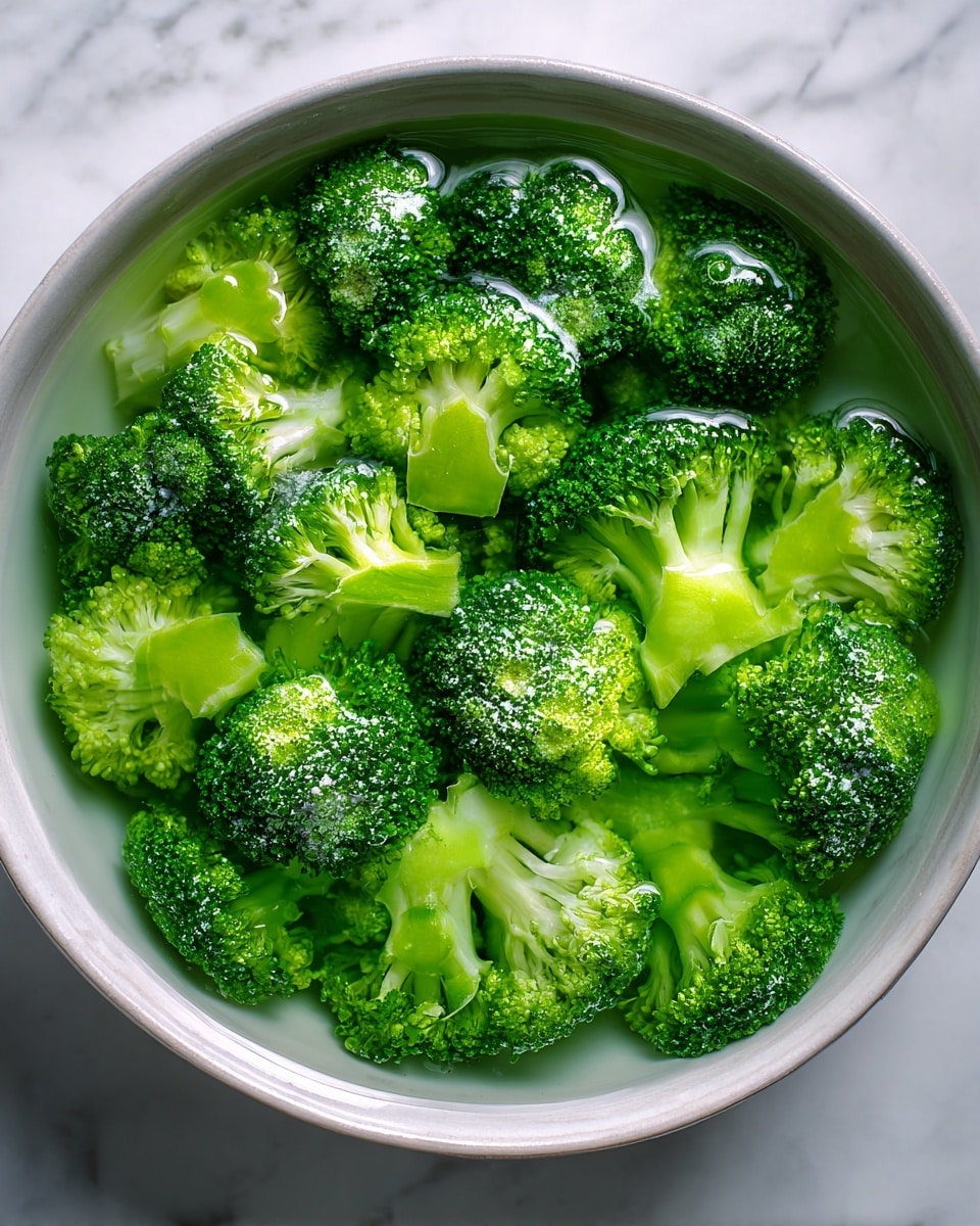 The image shows many pieces of bright green broccoli floating in water inside a round white bowl. The broccoli pieces have a rough texture with small, dense flower buds on top and lighter green stems below. The glowing green broccoli contrasts with the clear water and the white marbled background is slightly seen below the bowl. Photo taken with an iphone --ar 4:5 --v 7