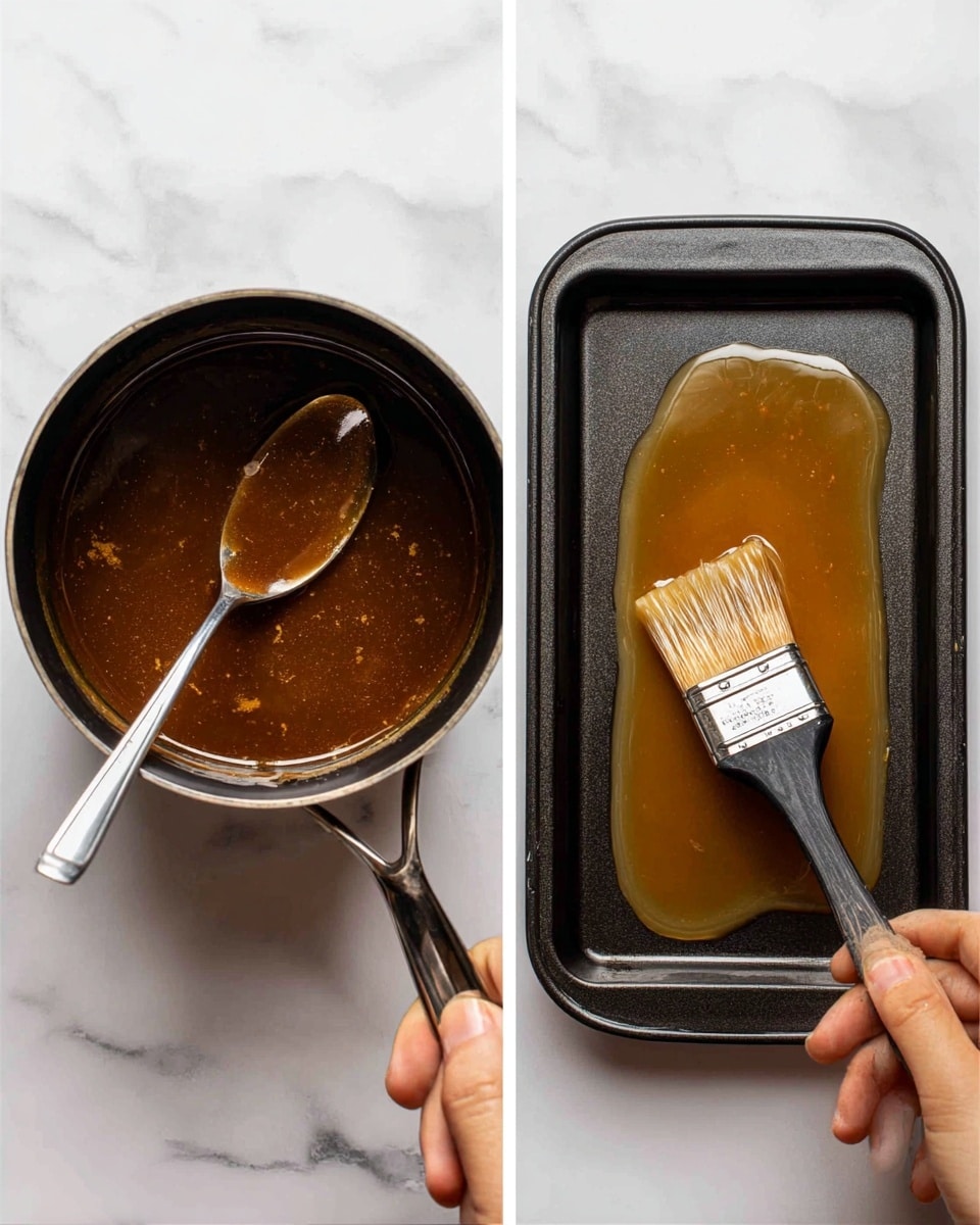 The image shows two photos side by side. The first photo is a close-up of a dark pot filled with a shiny, brown liquid sauce that has a few small chunks and a smooth texture, with a metal spoon resting inside the pot. The second photo shows a woman's hand holding a brush and spreading a clear liquid on the surface of a dark baking tray. The background is a white marbled texture. photo taken with an iphone --ar 4:5 --v 7