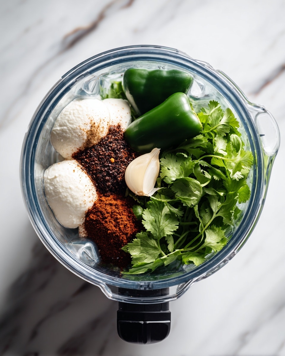 Inside a clear blender jar on a white marbled texture, there are several fresh ingredients layered closely together. At the base, there are white creamy dollops, topped with a small peeled garlic clove sitting beside bright blackish-red spices and brown ground spices. Next, two large dark green bell pepper halves rest diagonally, standing out with their smooth and shiny skin. Fresh green cilantro leaves with stems are placed on the right side, filling the remaining space. The jar’s clear sides and black lid base are visible, showing the fresh mix from above. Photo taken with an iphone --ar 4:5 --v 7