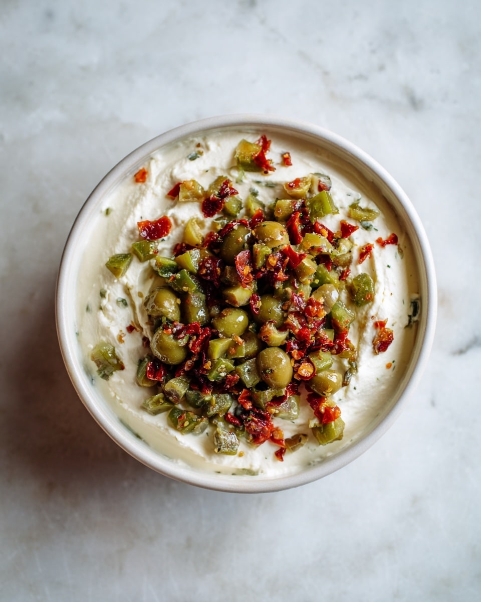 A white bowl sits on a white marbled surface, filled with a creamy, white mixture covering the bottom and sides. On top, near the center, is a pile of chopped green olives mixed with small pieces of red pimentos. The olives and pimentos add a mix of green and red colors, contrasting with the creamy base. The texture of the creamy mixture is smooth with some small lumps, while the chopped olives and pimentos have a firm, chunky look. photo taken with an iphone --ar 4:5 --v 7