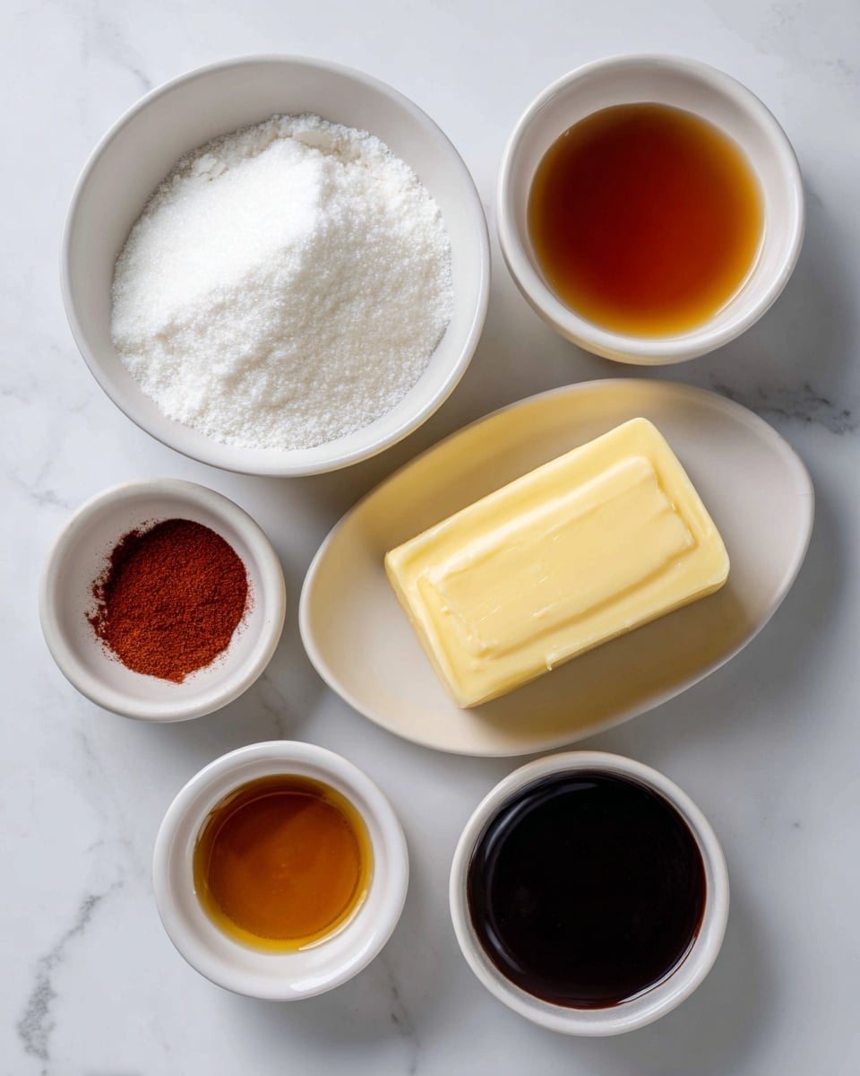 The image shows five small white bowls placed on a white marbled surface. Starting from the bottom right, there is a white plate holding a rectangular block of pale yellow butter with a smooth texture. Above it, a white bowl is filled with fine, white powdered sugar that looks soft and fluffy. To the left of the powdered sugar is a small white bowl with a reddish-brown powdery spice. Above this bowl is another small white bowl containing a dark amber-colored liquid with a smooth, slightly thick texture. To the right of the powdered sugar is a slightly bigger white bowl filled with a shiny, dark caramel-like liquid that looks smooth and syrupy. The arrangement of bowls and plate forms a loose, uneven circle on the white marbled surface. photo taken with an iphone --ar 4:5 --v 7