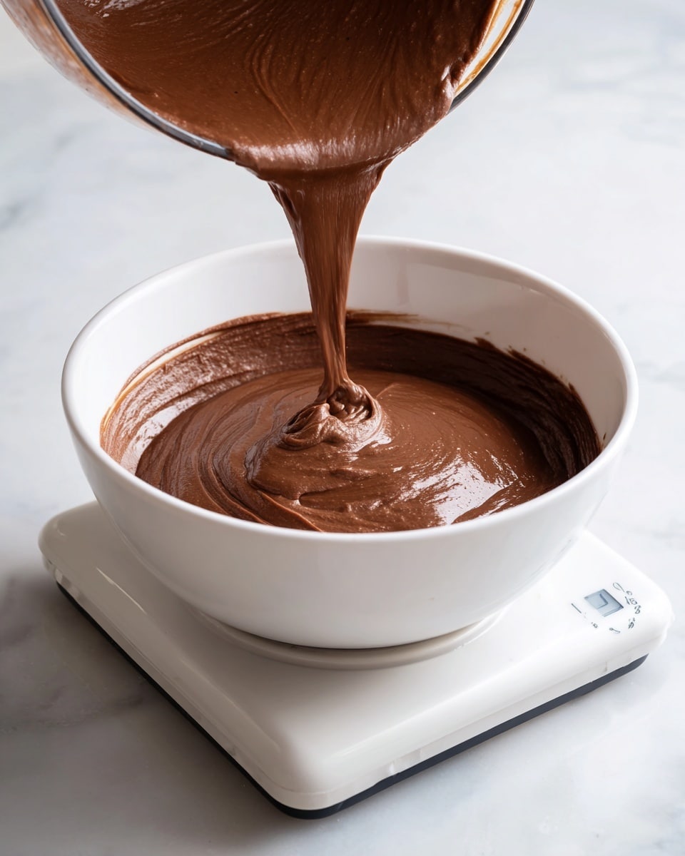 The image shows a clear bowl pouring smooth, brown chocolate batter into a white bowl placed on a digital scale. The bowl of batter has a thick, even texture and is a rich, dark brown color. The white bowl below is filled with the batter and is centered on the scale, which rests on a white marbled surface. The light reflects softly on the batter, showing its glossy finish. Photo taken with an iphone --ar 4:5 --v 7