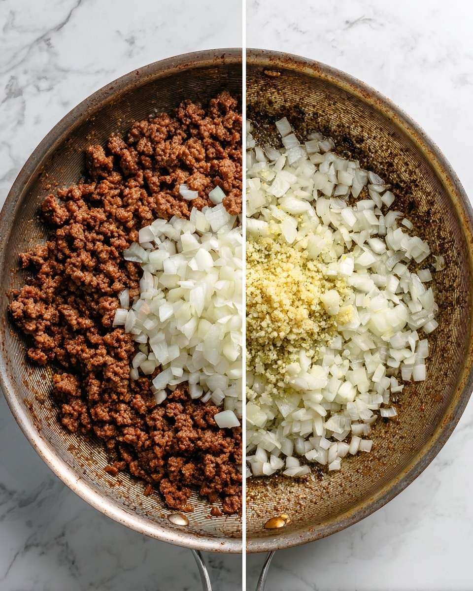 The image shows two close-up views of a metal pan with cooked ground beef mixed with onions. On the left side, there is a layer of brown cooked ground beef forming the base, topped with a pile of chopped white onions in the center. On the right side, the meat looks mixed with the translucent cooked onions, and a small pile of finely chopped garlic sits in the middle. The pan has a slightly shiny, textured surface showing the cooking process. The background is a white marbled texture. photo taken with an iphone --ar 4:5 --v 7