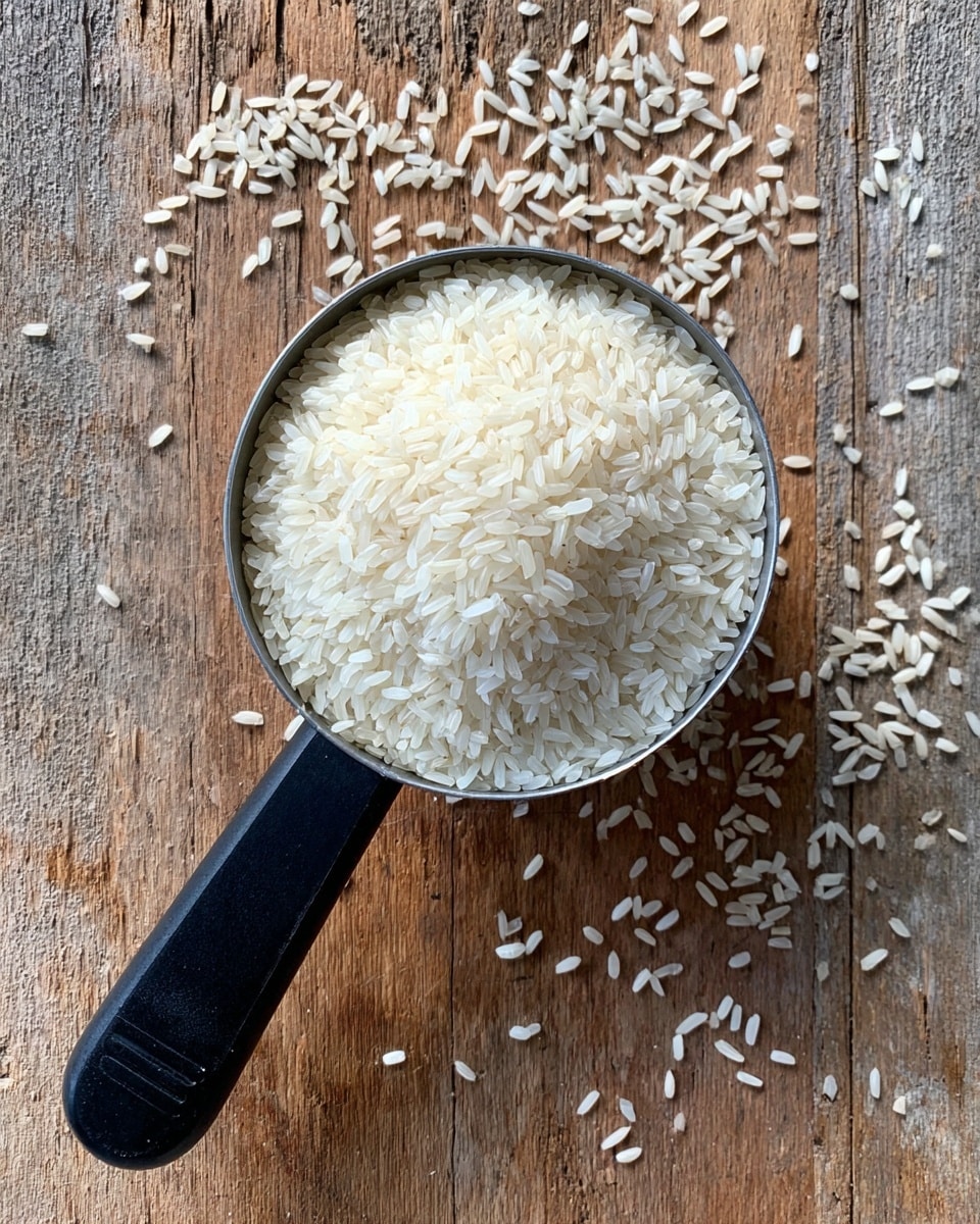 A full metal measuring cup filled with uncooked white rice grains is placed on a wooden surface with scattered rice grains around it. The measuring cup has a black handle, and the rice grains are long and slender, showing a clean and dry texture. Photo taken with an iphone --ar 4:5 --v 7