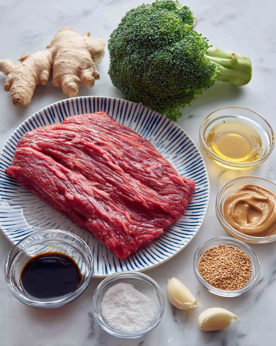 The image shows a white plate with blue stripes holding a large piece of raw red meat with visible texture. Around the plate on a white marbled surface, there is a fresh green broccoli crown, three peeled garlic cloves, a small piece of fresh ginger root, and six small clear glass bowls. The bowls contain dark soy sauce, light brown peanut butter, ground black pepper, a light golden liquid, a powdery white substance, and an empty one. The ingredients are all neatly arranged in a flat lay style. Photo taken with an iphone --ar 4:5 --v 7