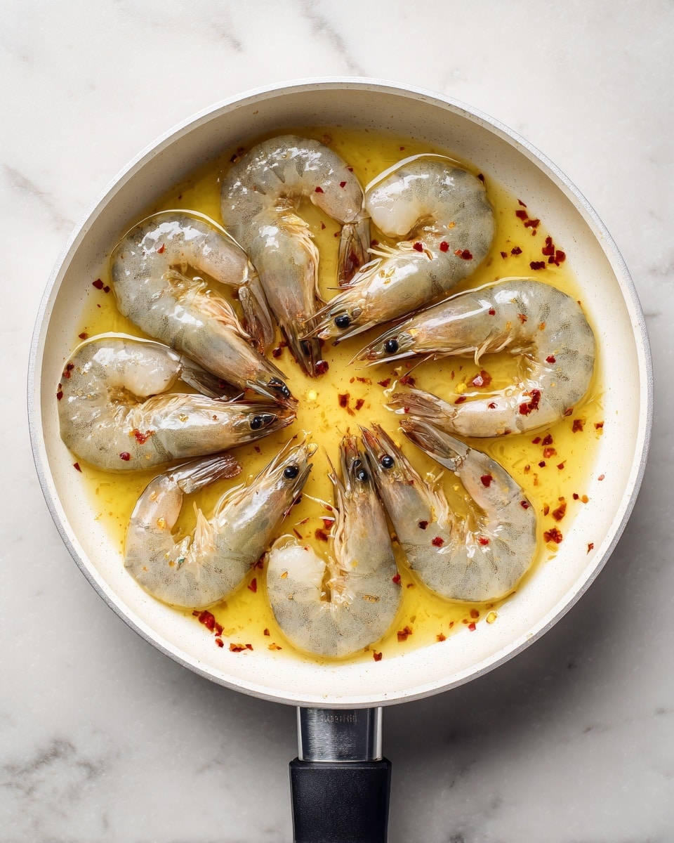 A white pan with a black handle contains a single layer of eight raw shrimp evenly spaced in a circle with their tails pointing outwards. The shrimp are translucent gray with faint red highlights on the tail ends. They sit in a shallow layer of light golden-yellow sauce with small red chili flakes scattered throughout. The background is a white marbled texture. photo taken with an iphone --ar 4:5 --v 7