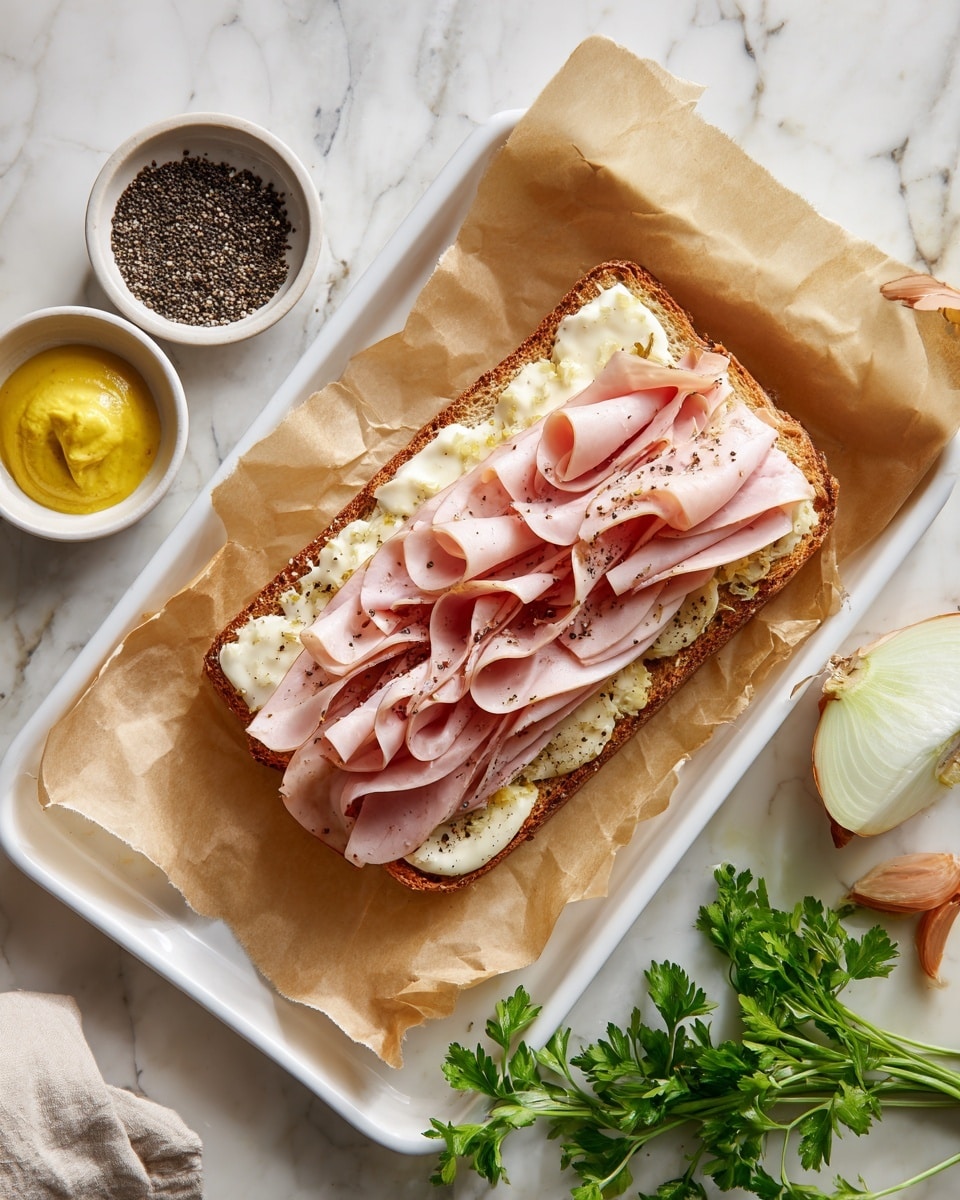 A sandwich is open on a white baking tray lined with light brown parchment paper. The bottom layer is a slice of toasted bread with a light golden crust. On top of this is a layer of creamy white cheese, evenly covering the bread. The top layer shows multiple slices of light brown deli meat, folded and layered to cover the cheese completely. Around the tray are small white bowls, one containing black poppy seeds and another holding a bright yellow mustard sauce. To the bottom right corner are fresh green parsley sprigs, an onion, and the scene is set on a white marbled surface. photo taken with an iphone --ar 4:5 --v 7