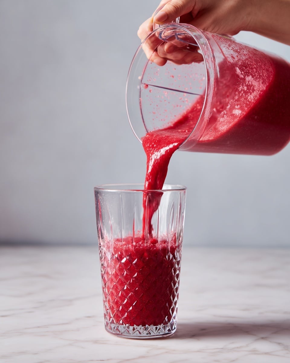 A woman's hand is holding a clear plastic blender cup tilted to pour a bright red smoothie with small visible bits into a clear glass pitcher with a textured diamond pattern on the bottom half and smooth upper half. The smoothie flows smoothly from the blender into the pitcher, mixing with clear liquid inside the pitcher. The scene is set on a white marbled surface with a light gray background. photo taken with an iphone --ar 4:5 --v 7