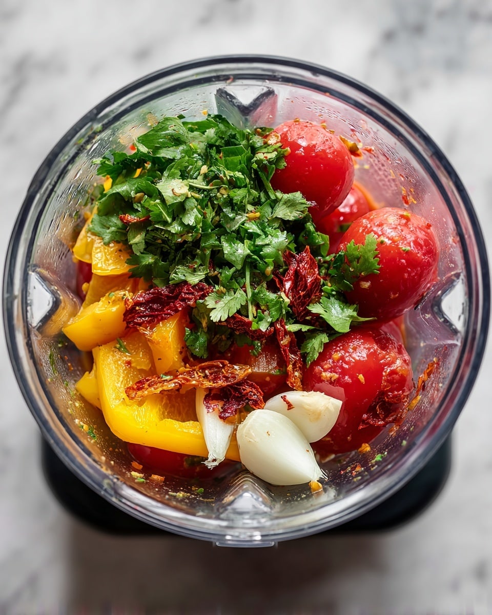 A top-down view of a clear blender bowl filled with whole red tomatoes, bright green fresh cilantro leaves on top, yellow roasted pepper slices, a few white garlic cloves, and some pieces of roasted onions sitting on a white marbled surface. The colors of the ingredients contrast with the transparent bowl and the black base of the blender, showing a mixture of fresh and roasted textures. Photo taken with an iphone --ar 4:5 --v 7
