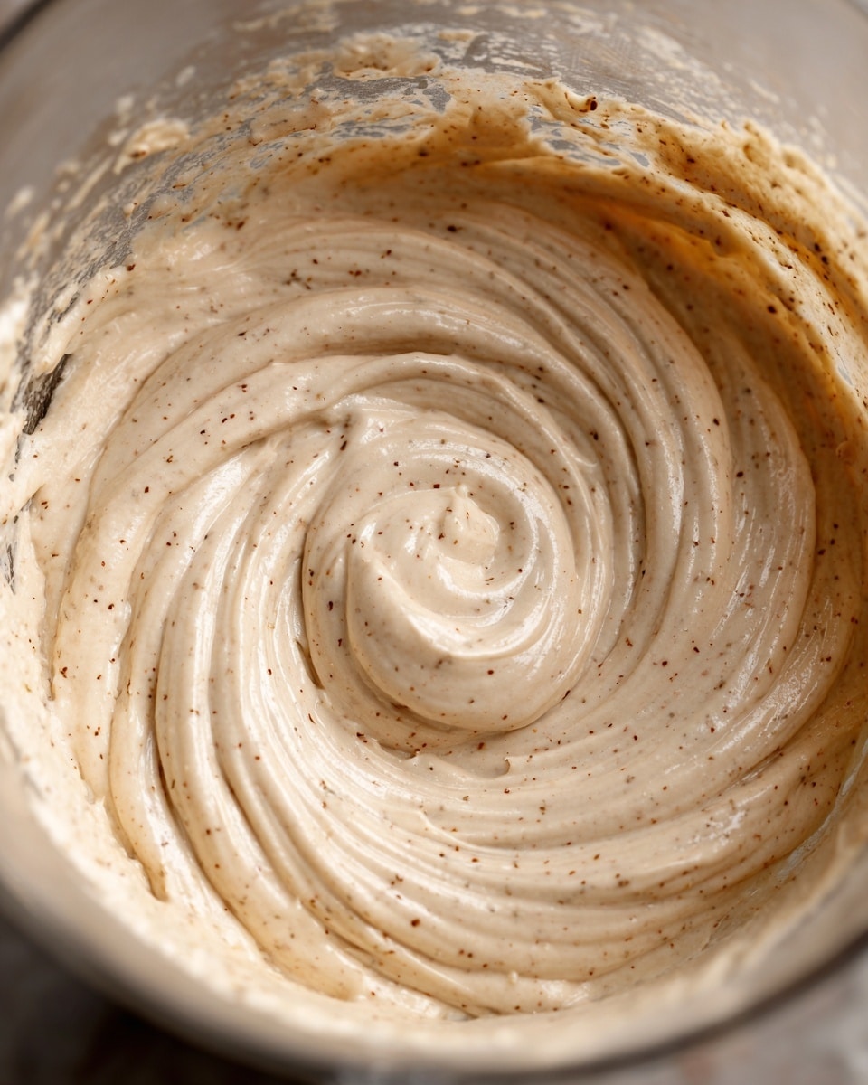 The image shows a close-up of a light beige creamy mixture with a thick, smooth texture swirled inside a metal blender container. The cream has tiny darker specks evenly spread throughout, giving it a lightly speckled look. The mixture fills most of the container, and the inside surface of the metal container reflects the creamy swirls. The background shows a blurred countertop and some indistinct shapes. photo taken with an iphone --ar 4:5 --v 7
