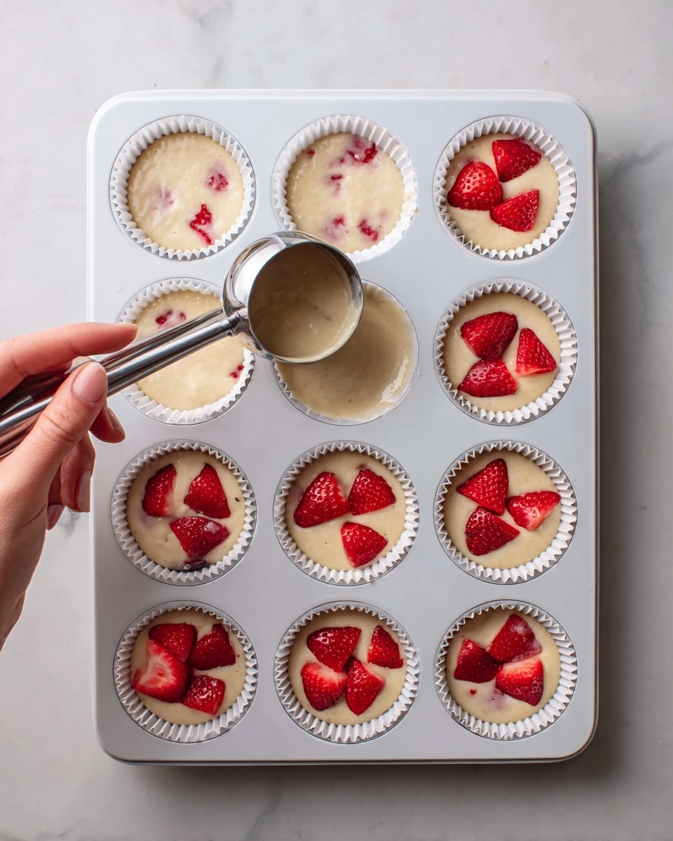 A white muffin tray holds twelve paper cupcake liners filled with light beige batter mixed with small red strawberry pieces. On the left side, a woman's hand uses a metal ice cream scoop to pour the thick batter into one of the liners. On the right side, each filled liner is topped with three to four bright red strawberry chunks arranged on the surface of the batter. The white marbled surface beneath the tray adds a clean, bright look to the scene. photo taken with an iphone --ar 4:5 --v 7