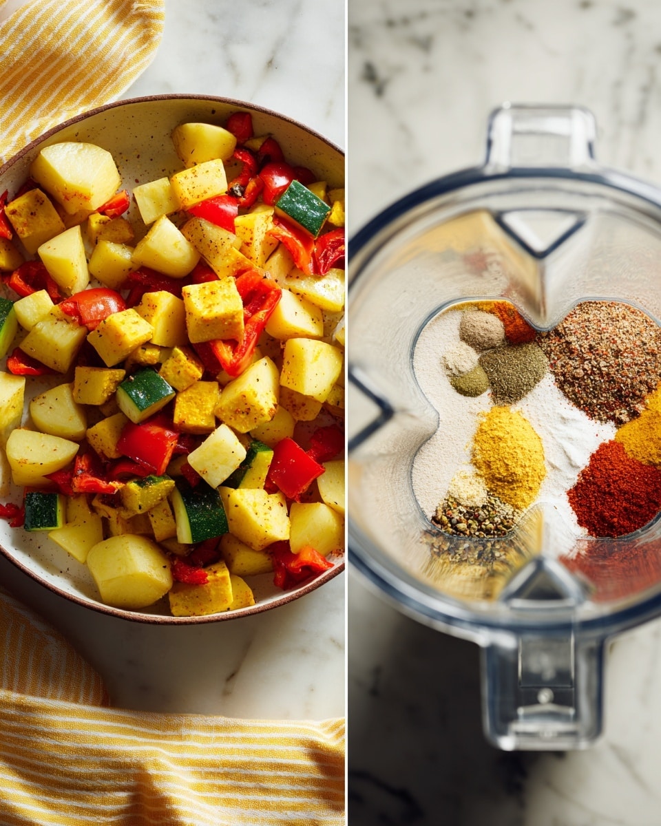 The left side shows a skillet filled with chopped vegetables including yellow potatoes, red bell peppers, and green zucchini, all diced into small, uneven chunks with a natural texture, sitting on a white marbled surface next to a yellow and white striped cloth. The right side shows a close-up of a transparent blender container on a white marbled surface with various spices in powder form and a creamy ingredient at the bottom, while a white liquid is being poured in from above. photo taken with an iphone --ar 4:5 --v 7