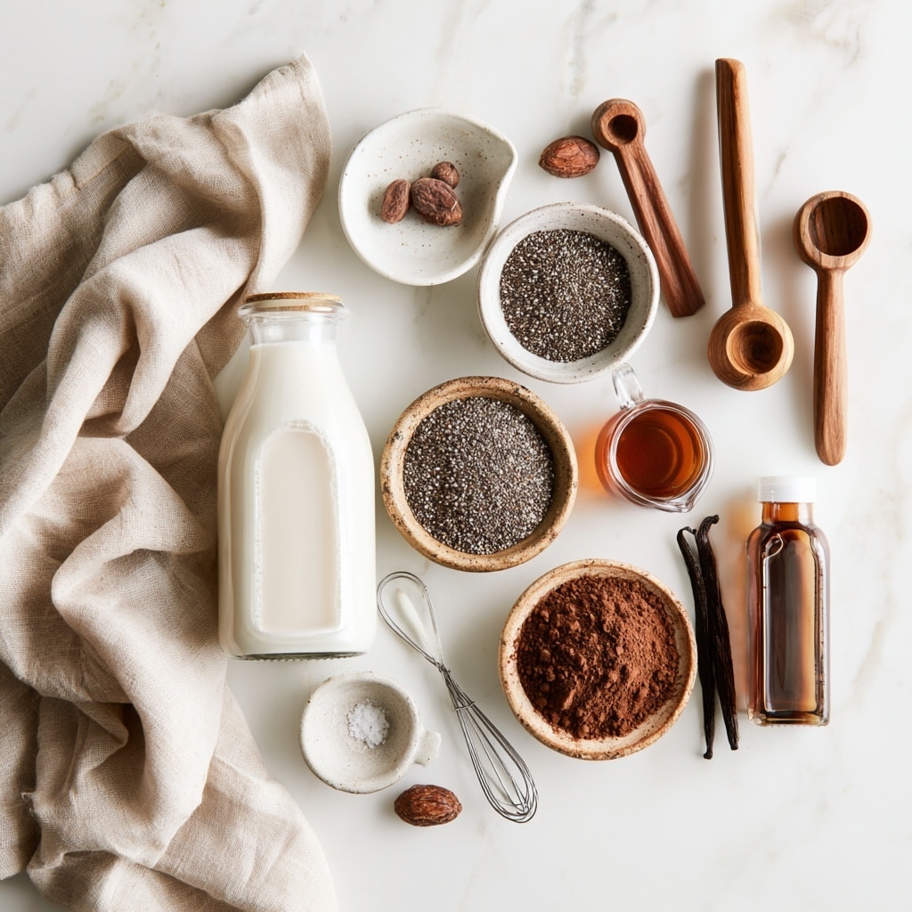 The image shows two views of a white cooking pot on a white marbled surface. In the left view, a woman's hand sprinkles small black chia seeds over a mixture of dry brown cocoa powder and orange wet ingredients, filling the pot about halfway. A silver whisk lies on the surface near the pot. In the right view, the brown mixture is fully whisked into a smooth, slightly bubbly liquid with the whisk resting inside the pot. The pot has white handles and a clean white interior contrasting with the dark chocolate color of the mixture. photo taken with an iphone --ar 4:5 --v 7