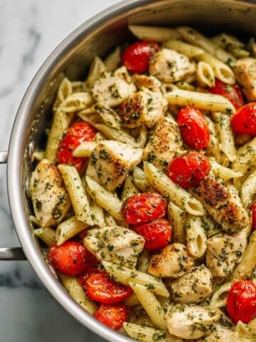 Easy Pesto Chicken Pasta for Two with Oven-Roasted Tomatoes Recipe