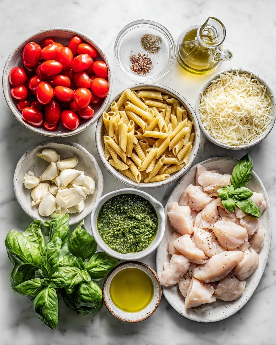 A close-up of a steel mixing bowl filled with penne pasta mixed with white pieces of cooked chicken and bright red cherry tomato halves. The pasta is coated with greenish herb sauce, speckled with small bits of dried herbs. The chicken pieces are scattered evenly throughout the dish, showing a light brown seasoning. The cherry tomatoes add a pop of color on top and between the pasta and chicken. The bowl is placed on a white marbled surface. Photo taken with an iphone --ar 4:5 --v 7