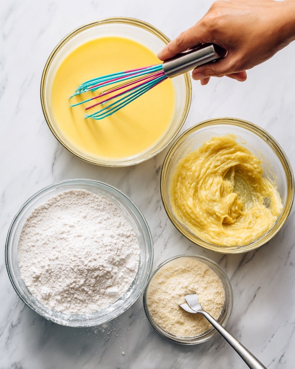 The image shows three clear glass bowls on a white marbled surface. The first bowl contains a smooth, light yellow liquid being whisked by a woman's hand holding a colorful metal whisk. The second bowl has the same liquid base, and a woman's hand is pouring white flour into it, creating a contrast between the yellow mix and the white flour on the right side of the bowl. The third bowl shows the mixture thickened into a rough, pale yellow batter with a spatula resting inside the bowl on the right side. The surroundings are clean and bright. photo taken with an iphone --ar 4:5 --v 7