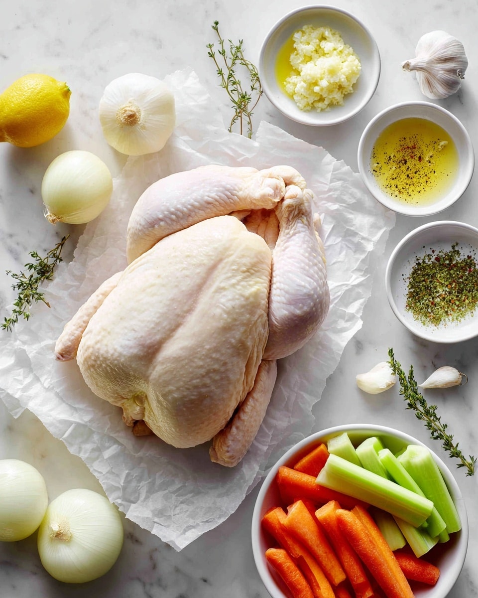 A whole raw chicken lies in the center on crinkled white parchment paper, showing its pale skin with a smooth and slightly bumpy texture. To the left bottom corner, there are halved lemons and peeled white onions with soft layers. Surrounding the chicken on a white marbled surface, small white bowls contain juicy minced garlic, a mix of black pepper and white salt, golden melted butter, chopped green herbs, and pale yellow lemon zest. Fresh green thyme sprigs and a whole garlic bulb with a light beige color rest near the chicken. In the bottom right, a white bowl holds thick carrot sticks in bright orange and celery sticks in light green, all set on the white marbled surface. Photo taken with an iphone --ar 4:5 --v 7