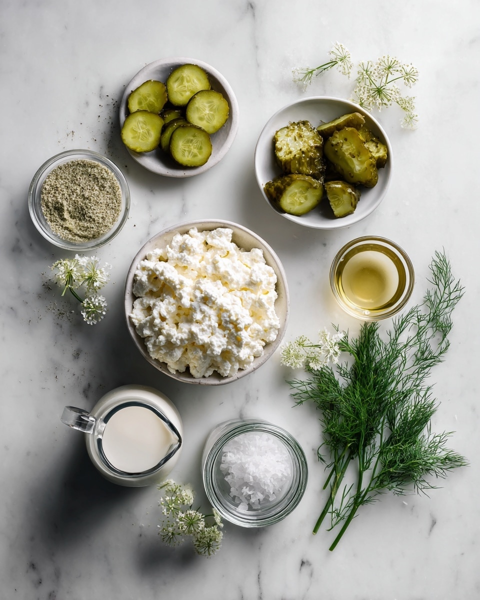 The image shows a jar with three clear layers inside. At the bottom, there is a rough, green herb mix full of small leafy bits. Above that, there are three light yellow pickle slices with ridged edges arranged side by side. The top layer is a thick, white creamy sauce that partially covers the pickles and herb mix. The jar sits on a white marbled surface, and a little green plant is visible at the bottom left edge. Photo taken with an iphone --ar 4:5 --v 7