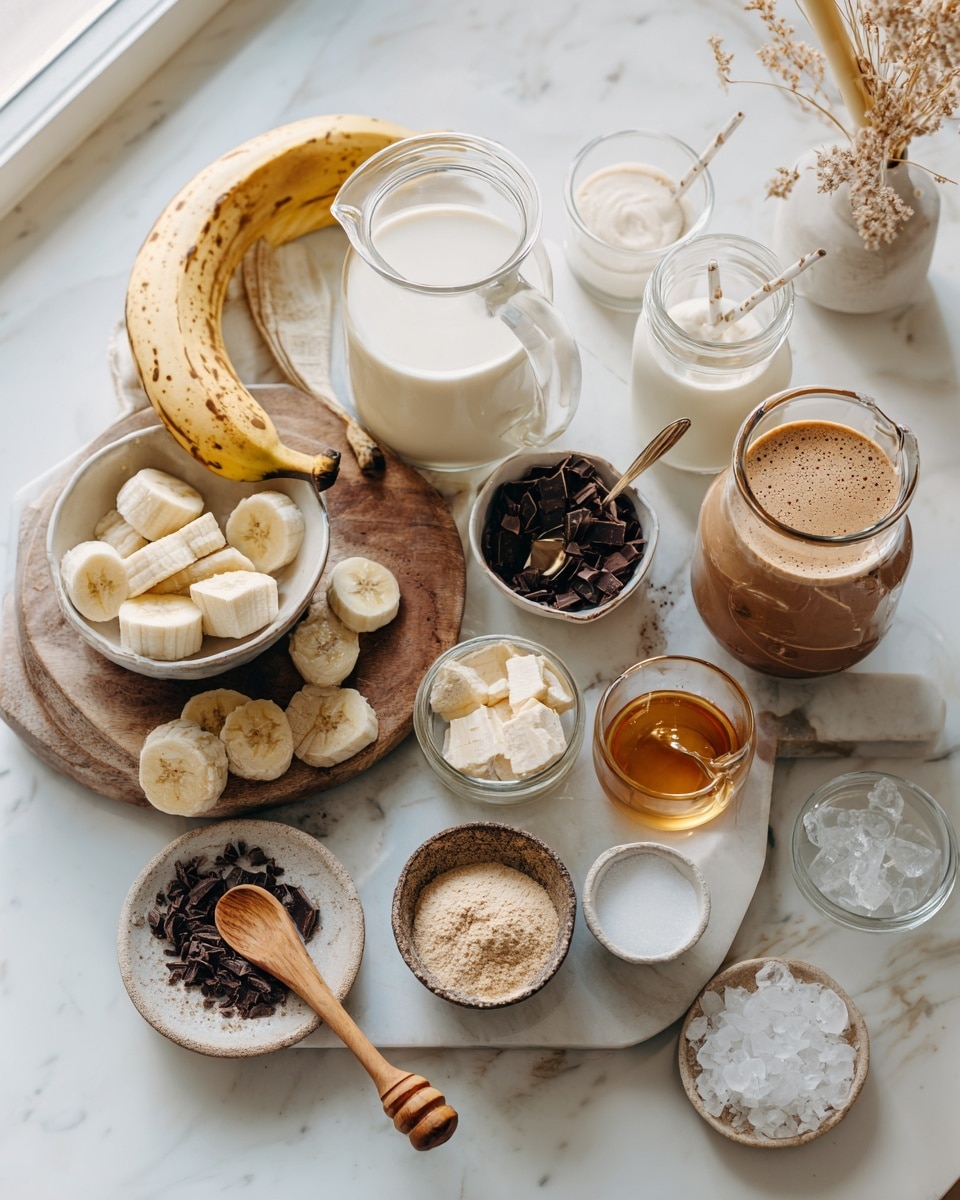 The image shows three side-by-side views of a blender and a glass cup on a white marbled surface. The first view is from above, showing raw ingredients inside the blender: chunks of banana, irregular ice cubes, white flour, cinnamon stick, and a milk-like liquid. The second view is from above again, but now the ingredients are blended into a smooth, frothy, light beige mixture filling most of the blender. The third view shows a clear short glass cup on a small white plate filled with the same creamy light beige drink, as a woman's hand pours more from the blender. Photo taken with an iphone --ar 4:5 --v 7
