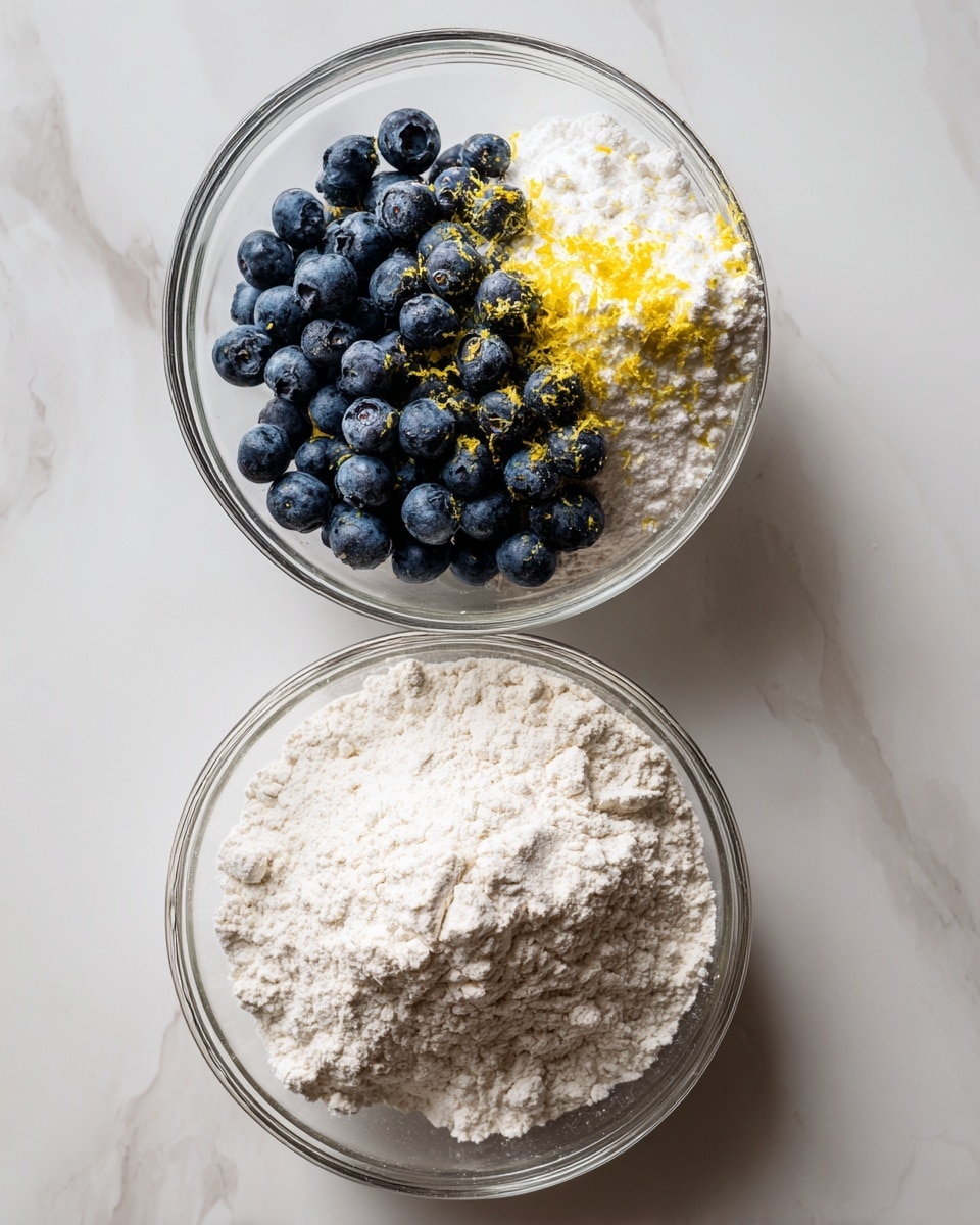 The image shows two clear glass bowls placed side by side on a white marbled surface. The bowl on the left contains fresh dark blue blueberries with a layer of white powdered sugar and some yellow zest sprinkled on top, giving it a mix of dark blue, white, and yellow colors in layers. The bowl on the right holds a uniform layer of fine white flour, creating a smooth and even texture. Both bowls have a simple, clean look with natural lighting highlighting the colors and textures clearly, photo taken with an iphone --ar 4:5 --v 7