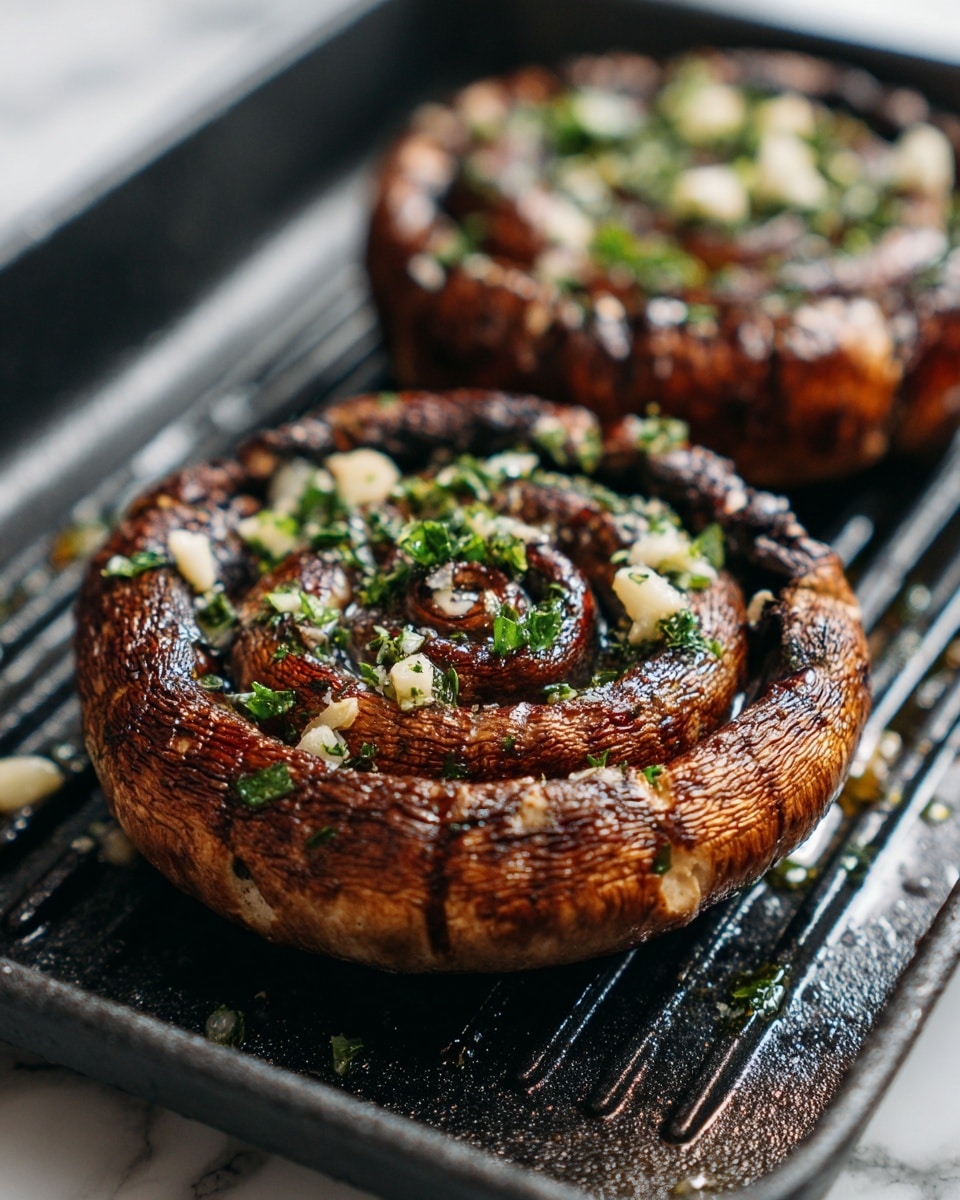 The image shows two grilled portobello mushrooms on a dark grill pan with ridges. Each mushroom is thick and rich brown with visible grill marks creating a textured spiral pattern on top. The mushrooms are topped with small chopped green herbs and some white garlic pieces, scattered unevenly across their surfaces. Small droplets of oil add a slight shine to the mushrooms and the pan. The pan sits on a white marbled surface. photo taken with an iphone --ar 4:5 --v 7