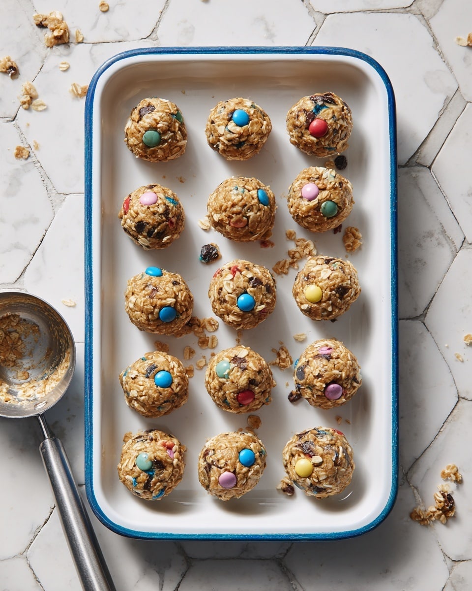 A white rectangular tray with a blue rim holds 20 round, golden-brown energy bites arranged neatly in 4 rows of 5. Each bite is textured with oat flakes and studded with colorful pastel candy pieces in blue, pink, yellow, and green, along with darker chocolate chunks. The tray is placed on a white marbled tiled surface with hexagon shapes, scattered with bits of broken candy. A metal scoop with a woman's hand holding the handle is visible at the bottom left, showing some sticky mixture residue inside. photo taken with an iphone --ar 4:5 --v 7