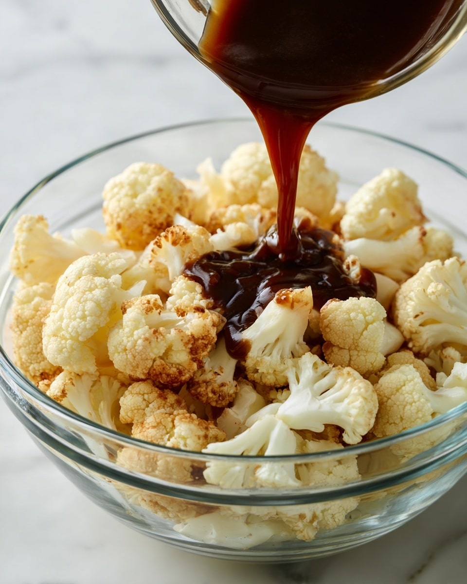 The image shows a clear glass bowl filled with small, crisp cauliflower pieces that are light golden brown with a crunchy texture on the outside and white inside. Thick, dark brown sauce is being poured onto the cauliflower from above, creating a smooth stream that lands in the center of the bowl. The bowl sits on a white marbled surface, and the overall colors are natural and warm, highlighting the contrast between the light cauliflower and the rich sauce. Photo taken with an iphone --ar 4:5 --v 7