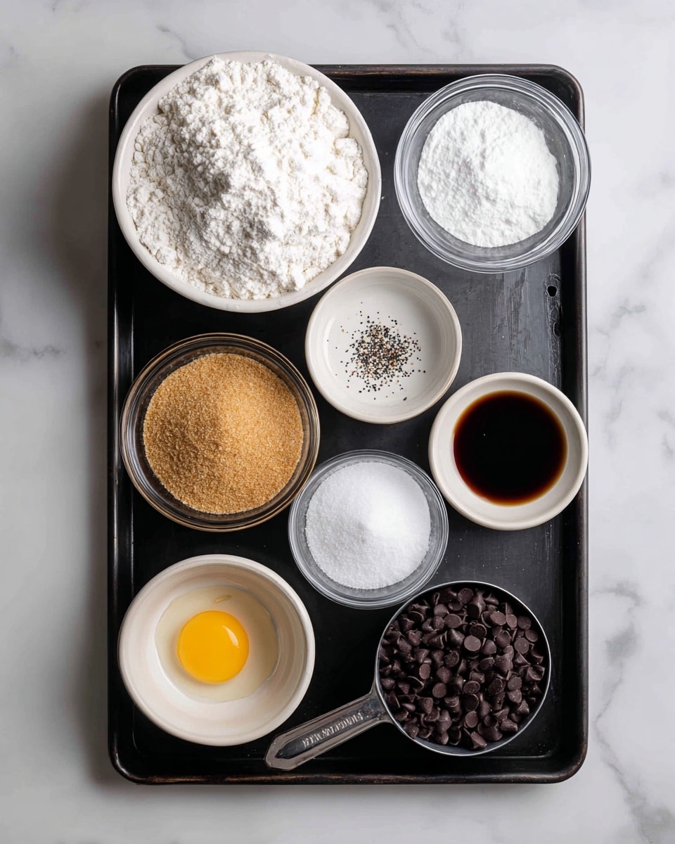 A black baking tray holds eight containers with baking ingredients, placed on a white marbled surface. At the top left, there is a large white ceramic bowl filled with white flour. Near it to the right is a small clear glass dish holding white baking powder, and next to it a small white ceramic bowl with salt and black specks. Below the flour bowl is a clear glass bowl filled with light brown sugar. To the right and slightly below the brown sugar is a clear bowl filled with plain white sugar. At the bottom left, there is a small white ceramic bowl with a raw egg yolk. Next to it on the right is a small clear glass bowl with a dark liquid, likely vanilla. Above the dark liquid and at the bottom right corner is a silver metal measuring cup filled with dark chocolate chips. The whole scene is bright and simple, with clear, distinct layers of ingredients and textures photo taken with an iphone --ar 4:5 --v 7