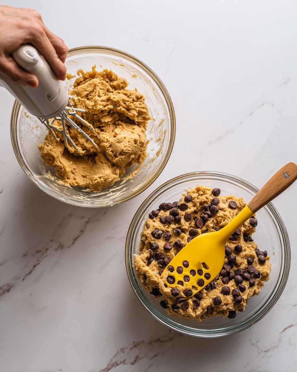 The image shows two clear glass bowls on a white marbled surface. The left bowl contains light brown cookie dough being mixed with an electric mixer held by a woman's hand, and the dough has a rough, soft texture with small clumps. The right bowl shows the same dough now smoother and uniformly mixed with many dark chocolate chips evenly spread throughout, with a yellow spatula resting in the bowl on the side, its handle light wood and its blade decorated with a honeycomb pattern. photo taken with an iphone --ar 4:5 --v 7