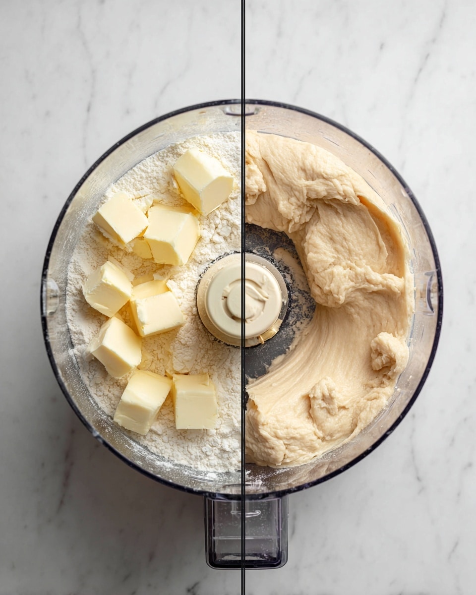 The image shows two top-down views of a clear food processor on a white marbled surface. On the left, inside the food processor are several small cubes of pale yellow butter scattered over a base of white flour. The butter and flour are not mixed yet, with the cubes spread evenly around the blade in the center. On the right, the food processor contains a smooth, pale dough that sticks along the blade and the side of the container, showing it has been mixed well. The dough has a soft, creamy texture without visible lumps. Photo taken with an iphone --ar 4:5 --v 7