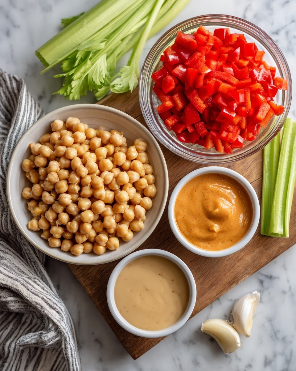 The image shows a wooden board on a white marbled surface with four bowls and some vegetables arranged around it. The largest bowl in the center contains light beige chickpeas, with a smooth, round texture. Above it, there is a glass bowl filled with small, bright red diced bell peppers, showing a shiny and fresh look. To the right of the peppers, a white bowl holds a smooth, thick orange sauce. Below the chickpeas, there is a small white bowl filled with a light beige creamy dressing. Two garlic cloves lie next to the board on the marbled surface, and two bright green celery stalks rest at the top right corner, adding fresh color. Part of a striped cloth is visible on the bottom left. Photo taken with an iphone --ar 4:5 --v 7
