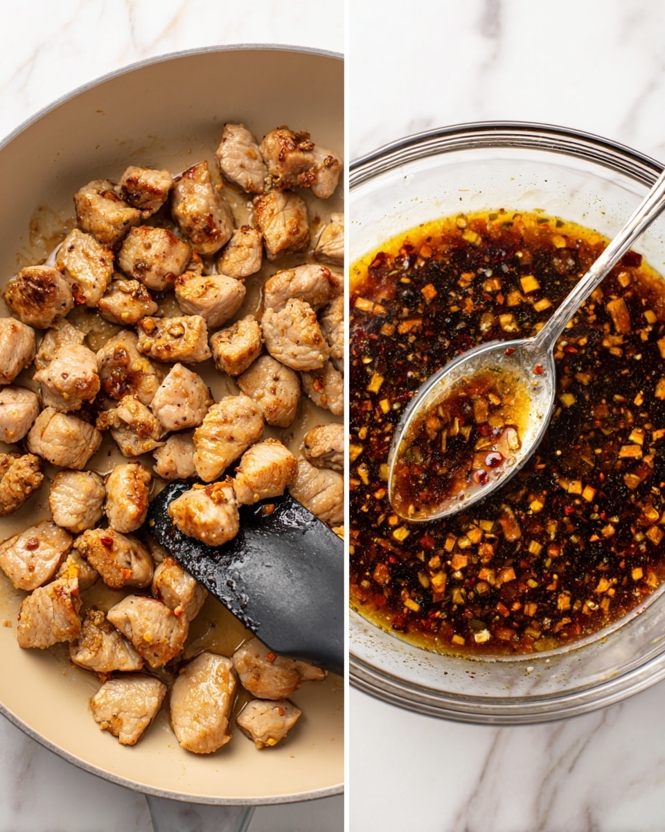Two images side by side on a white marbled surface: the left image shows many small light brown cooked meat pieces with some golden edges in a beige pan with a black plastic spatula lifting some pieces from the bottom right; the right image shows a clear glass bowl filled with a dark brown sauce that has orange bits floating in it, with a silver spoon resting inside the bowl; photo taken with an iphone --ar 4:5 --v 7