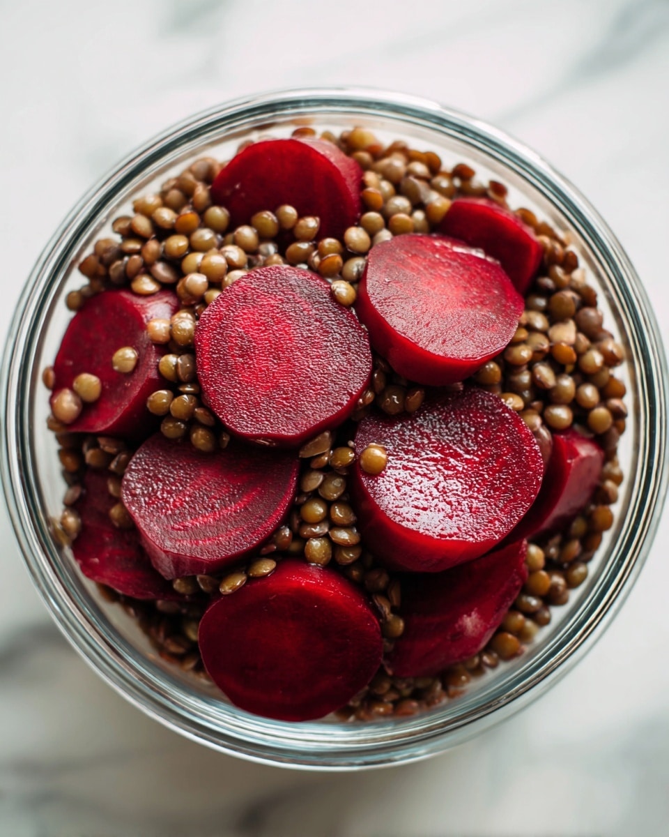The dish is served in a clear glass bowl on a white marbled surface, showing two main layers: the bottom layer is made of light brown cooked lentils, while the top layer consists of thick, deep red beet slices arranged evenly over the lentils. The beets have a smooth texture and slightly shiny look, contrasting with the smaller size and matte finish of the lentils. The overall view is close-up, highlighting the mix of colors and textures between the lentils and beet slices, with natural light that enhances the freshness of the ingredients photo taken with an iphone --ar 4:5 --v 7