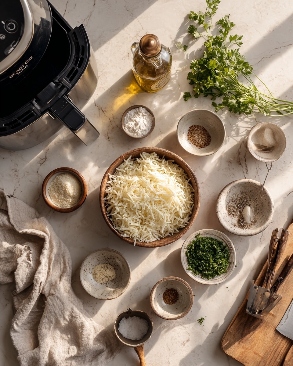 The image shows two side-by-side views inside a black air fryer basket placed on a white marbled surface. On the left side, there is one layer of raw shredded potatoes with white and pale yellow shades sprinkled with black pepper. The texture looks moist and soft. On the right side, the same shredded potatoes are cooked, turned into small, crispy, and golden brown clusters with some darker brown spots showing a crunchy texture. The air fryer basket has ridges and a matte finish. Photo taken with an iphone --ar 4:5 --v 7