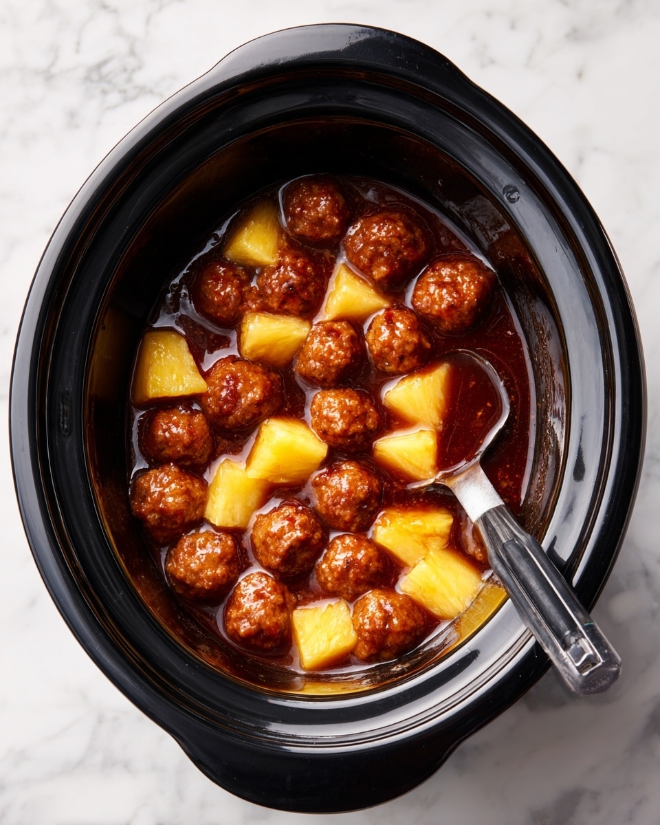 The image shows a black slow cooker filled with two layers: the bottom layer is a dark brown sauce with a glossy shine, and the top layer has evenly spread small round brown meatballs and chunks of light yellow pineapple. A metal spoon with a black handle rests inside the cooker on the right side, partially submerged in the sauce. The cooker sits on a white marbled surface. photo taken with an iphone --ar 4:5 --v 7