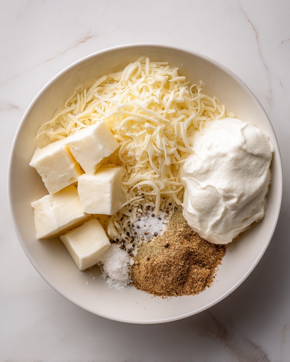 A white bowl sits on a white marbled surface, holding several ingredients before mixing. There are white cream cheese cubes on the left, next to a smooth dollop of thick white sour cream on the right. Below the cream cheese is a pile of finely shredded pale yellow cheese. In the center, there is a small heap of light brown seasoning powder, scattered around with coarse white salt crystals and specks of ground black pepper. The ingredients are separate, clearly showing different textures from smooth and creamy to grainy and shredded. photo taken with an iphone --ar 4:5 --v 7