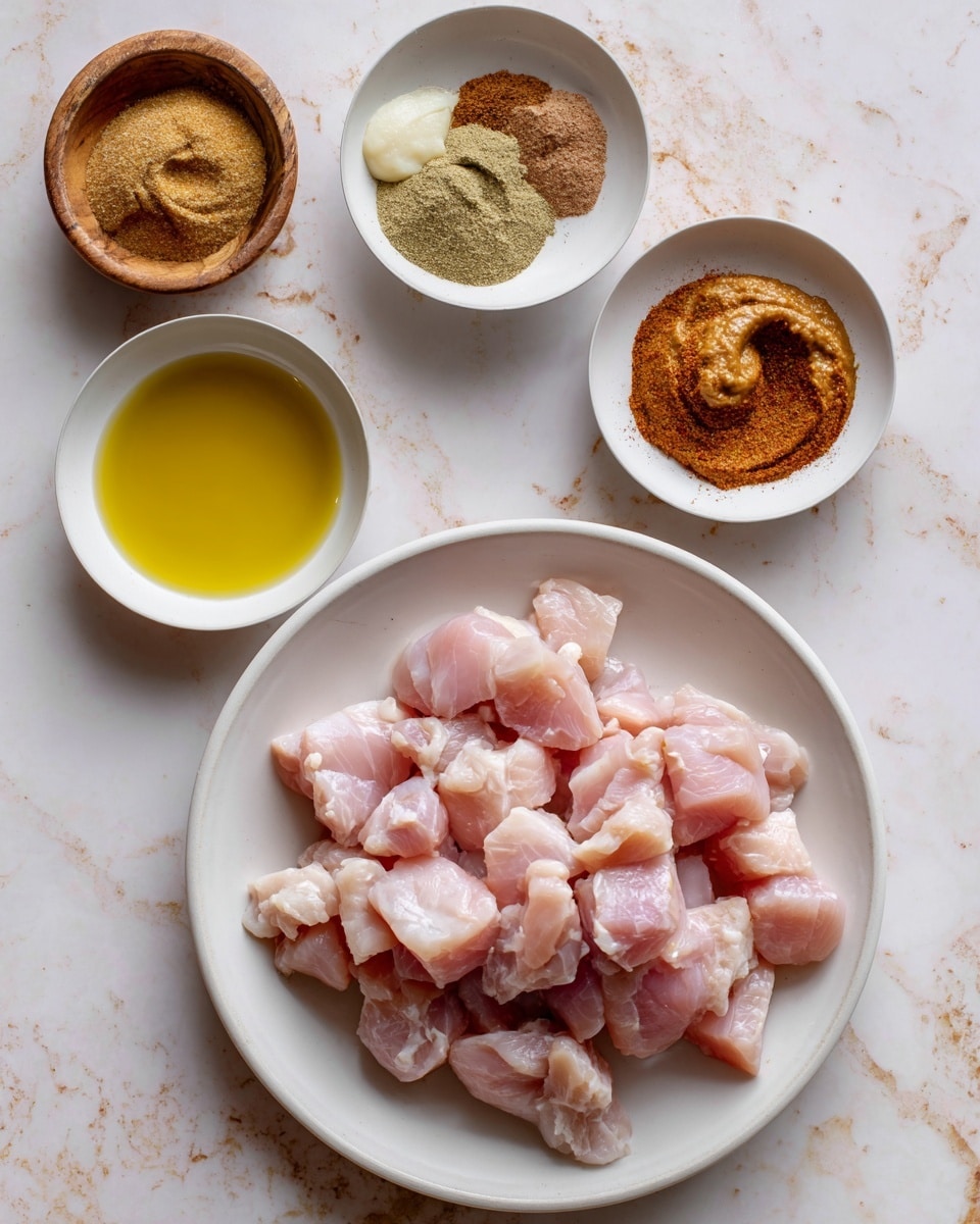 A white plate holds many pieces of raw chicken, cut into cubes, showing a light pink color and soft texture in the center bottom of the image. Above it, there are four small white round bowls arranged in a loose square, each containing different ingredients: the bowl in the top left has a brown wooden texture and holds two kinds of powdered spices in light brown and green shades; the bowl in the top right contains a dollop of pale yellow paste and a heap of reddish-brown paste; below that, the bowl has a thick, smooth brown sauce with a swirled pattern; to the left of that bowl, there is a liquid golden yellow oil in a white bowl. All items rest on a white marbled surface with soft gray and black marble veins. photo taken with an iphone --ar 4:5 --v 7