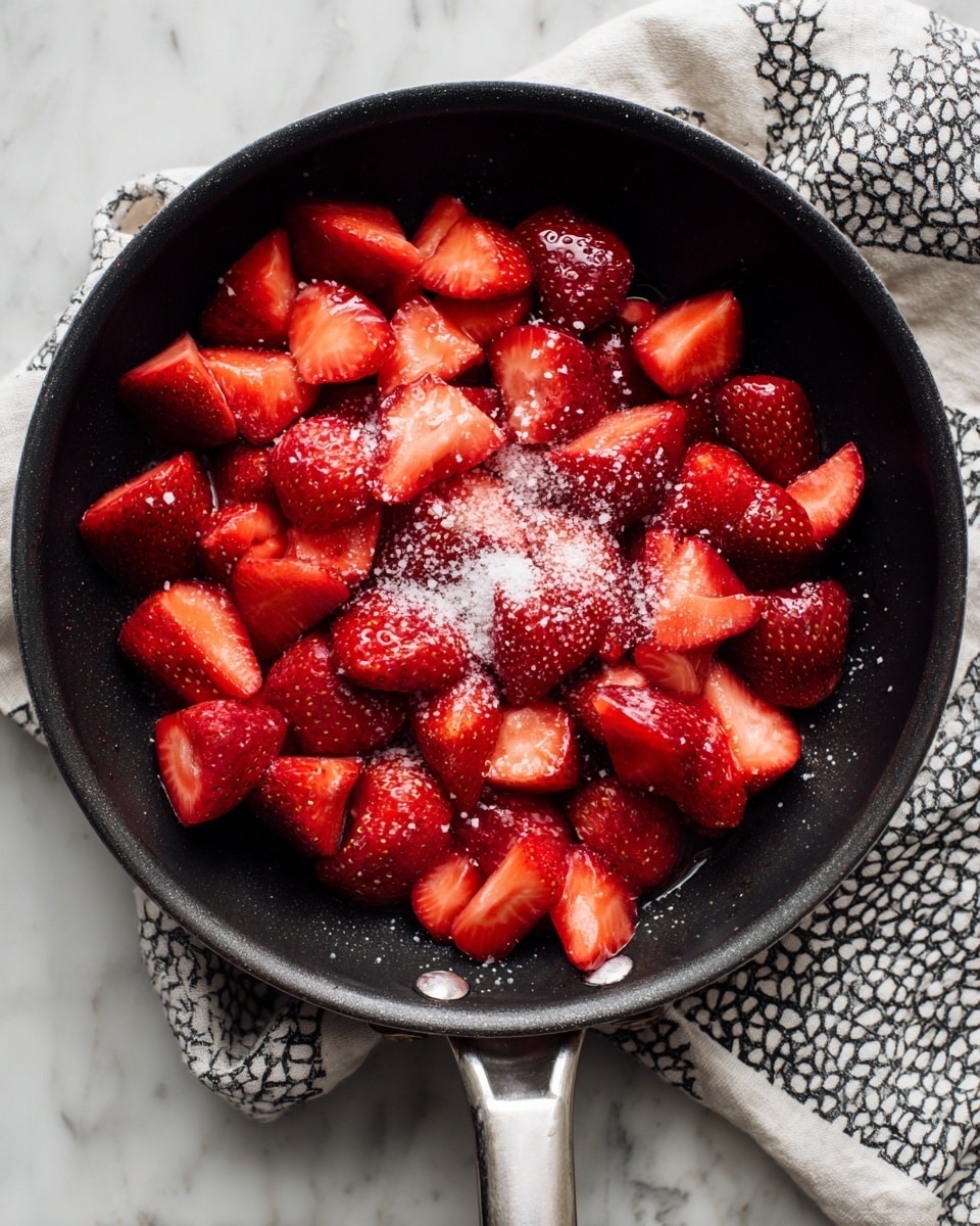 A black pan filled with a layer of halved and quartered bright red strawberries, placed unevenly so some strawberries show their smooth inner flesh while others show the dotted outer skin, topped with a thin scatter of white granulated sugar mainly on the right side. The pan handle extends out to the left, resting on a black and white patterned cloth. The pan sits on a white marbled surface. photo taken with an iphone --ar 4:5 --v 7